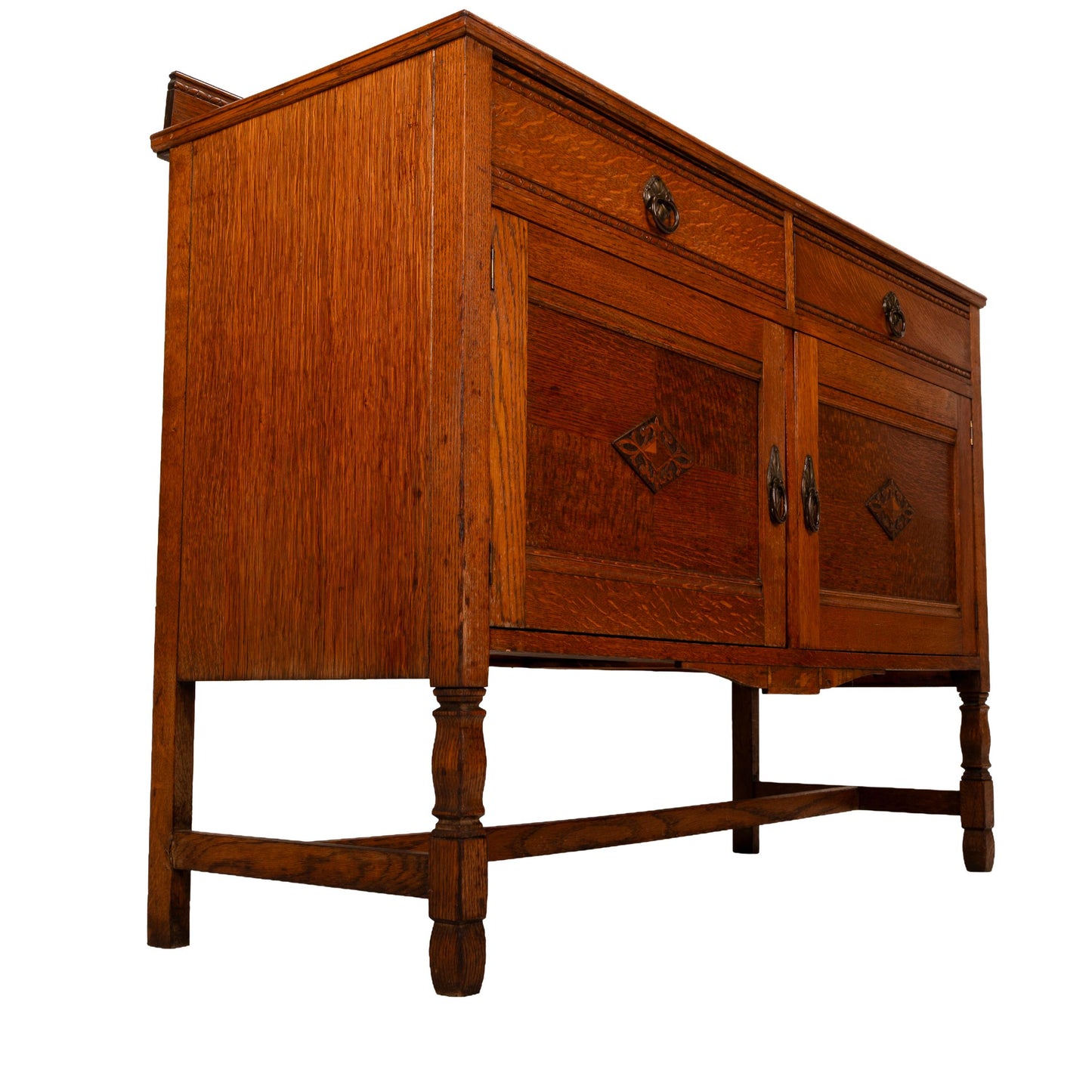 1940s English Jacobean Style Carved Tiger Oak Sideboard Buffet Credenza | Antique Server Cabinet | Vintage Dining Room Furniture