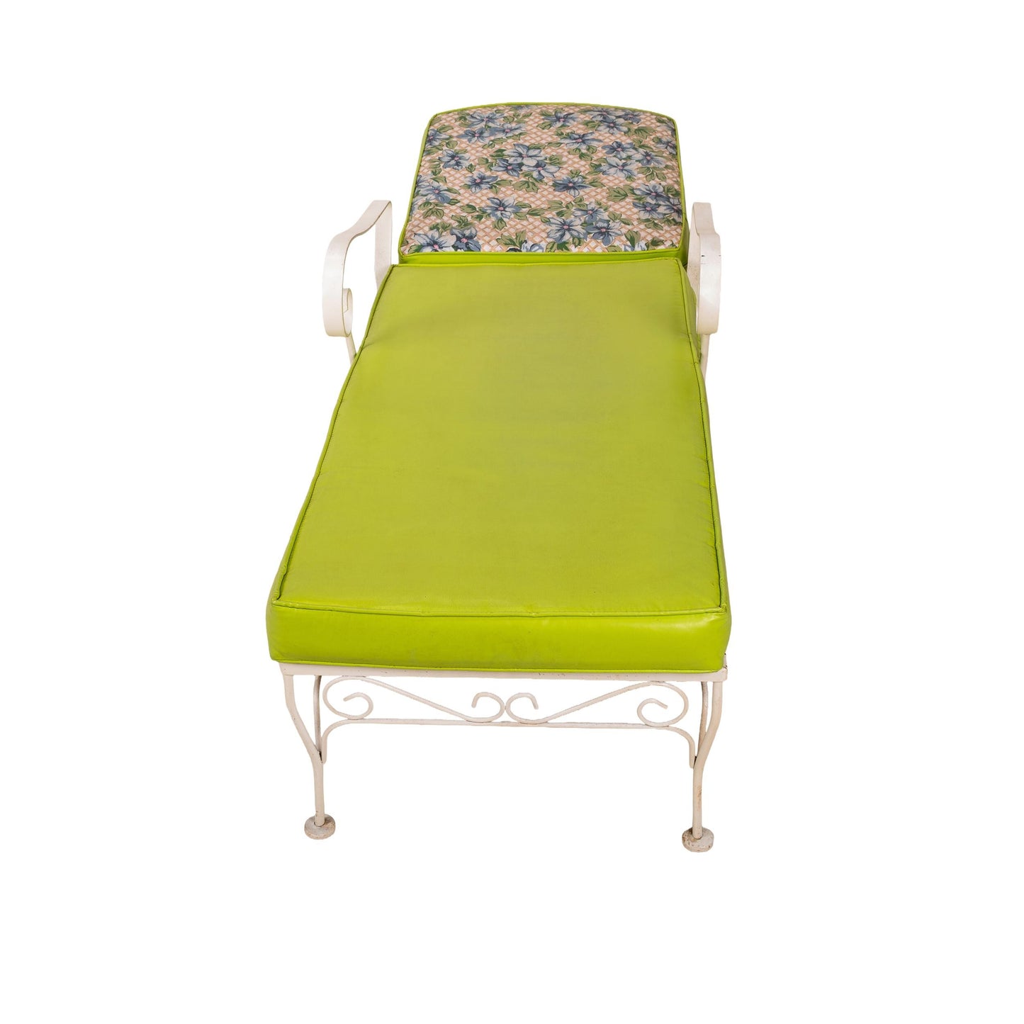 1960s Floral Wrought Iron Patio Chaise Lounge Chair Lounger , Vintage Mid Century Flair