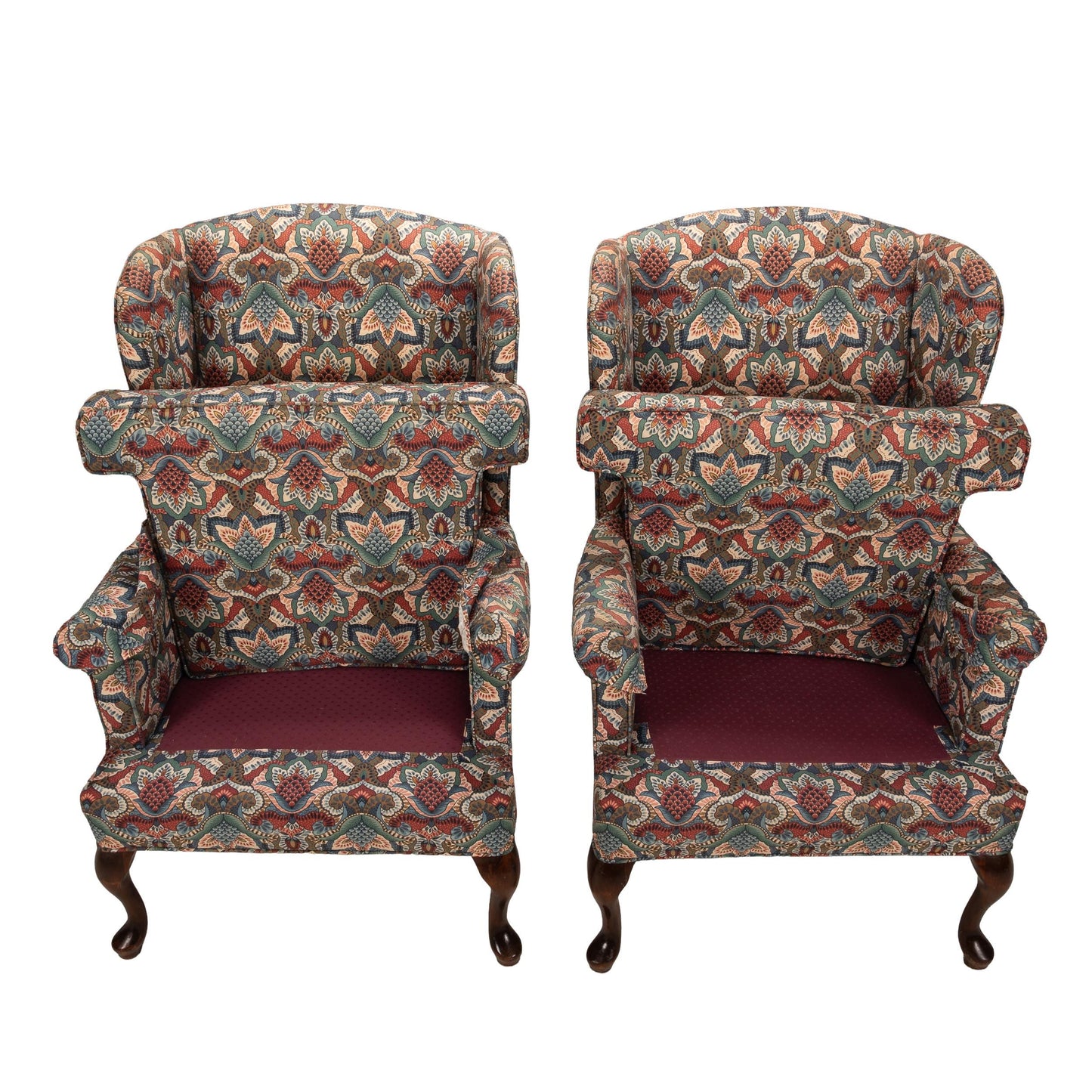 1970s Queen Anne Chippendale Wingback Chairs | Paisley Print Armchair Pair | Vintage Accent Seating Traditional Style USA Shipping Available