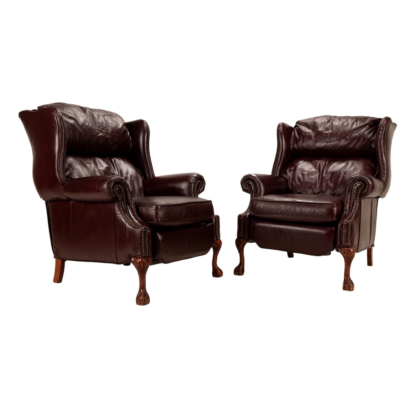 Vintage Barcalounger Recliner Chairs – Burgundy Leather Wingback Pair W/ Nailhead Trim, Traditional Club Style, Comfortable Seating USA Made