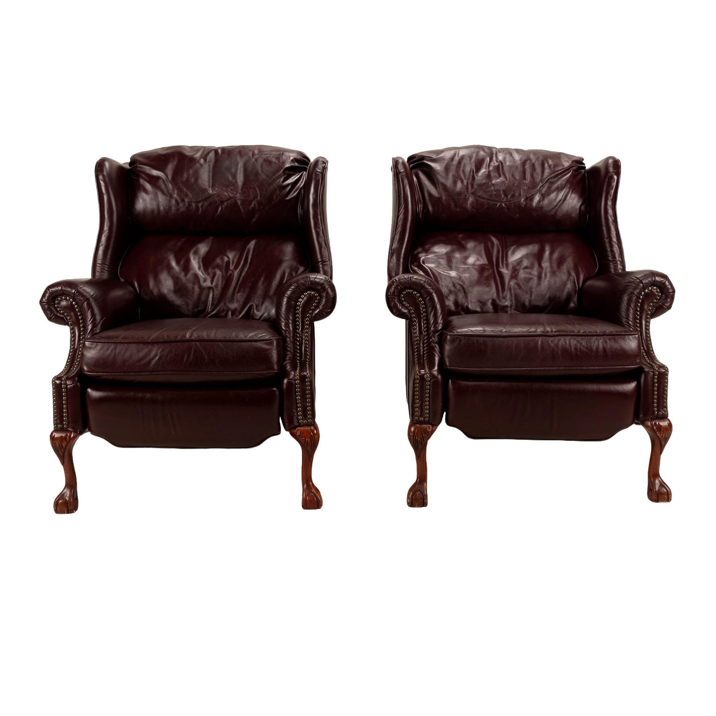 Vintage Barcalounger Recliner Chairs – Burgundy Leather Wingback Pair W/ Nailhead Trim, Traditional Club Style, Comfortable Seating USA Made