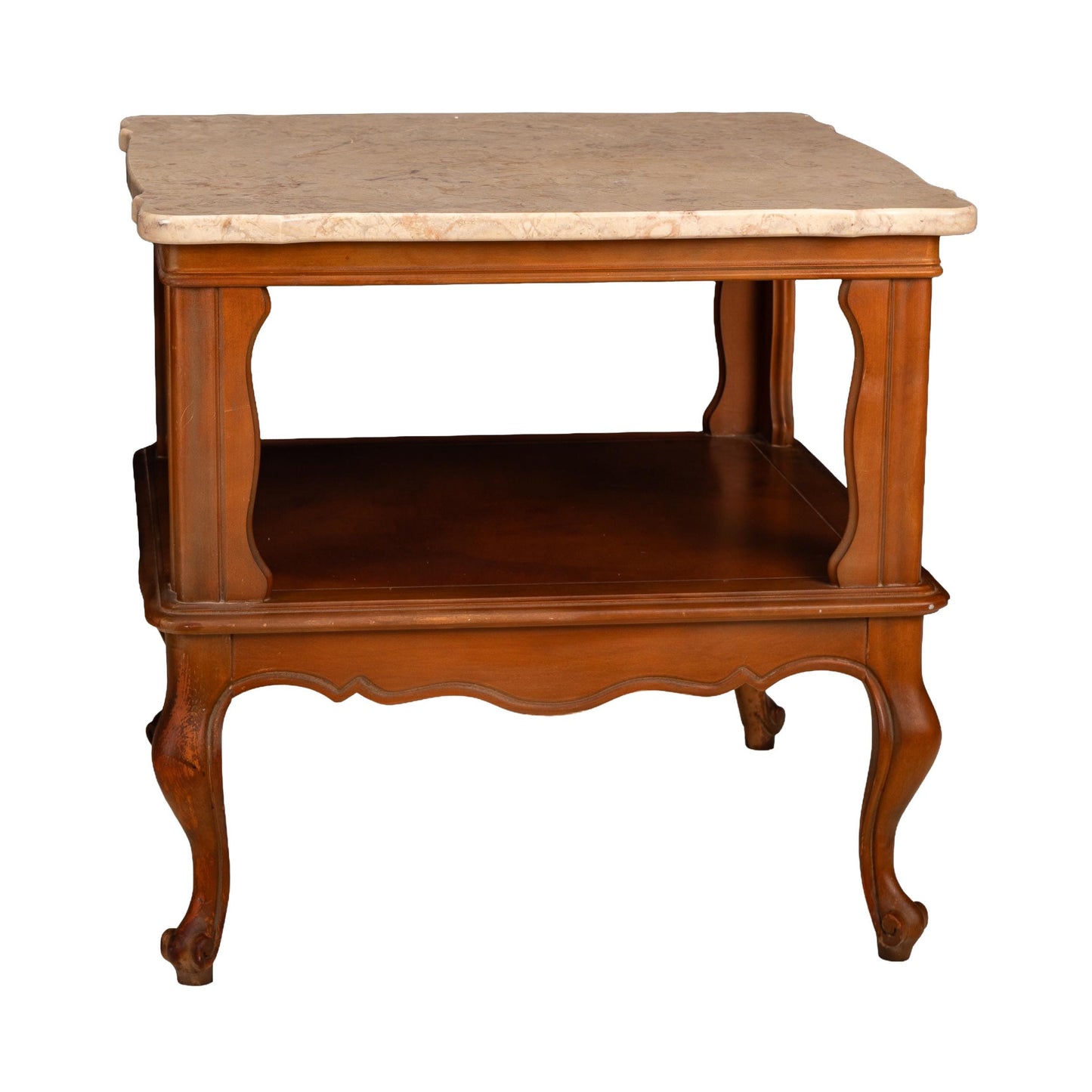 Pair Vintage Queen Anne Carved Side Tables with Portuguese Cream Marble Tops - Classic Traditional Accent End Tables