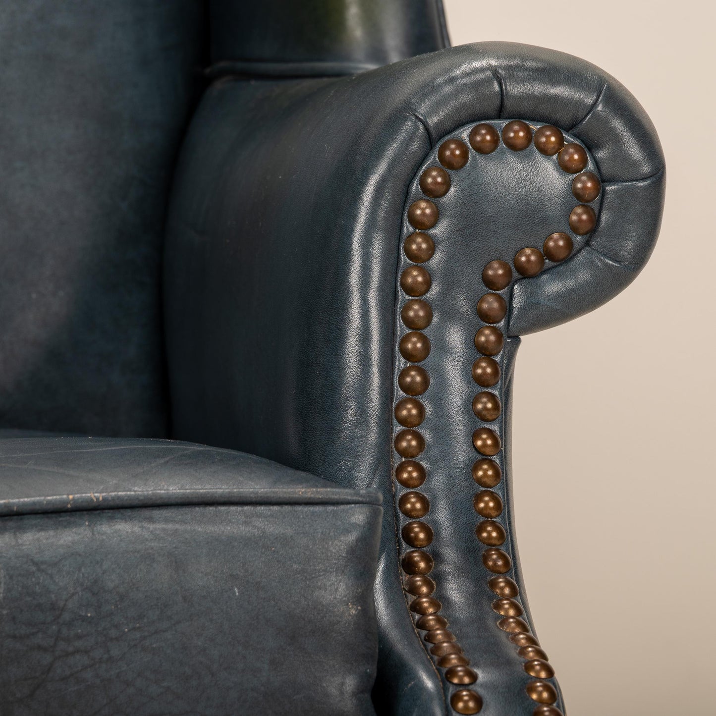 Ethan Allen Chippendale Wingback Chair & Ottoman – Blue 100% Leather Armchair – Brass Nailhead Studs – Vintage Library or Study Chair