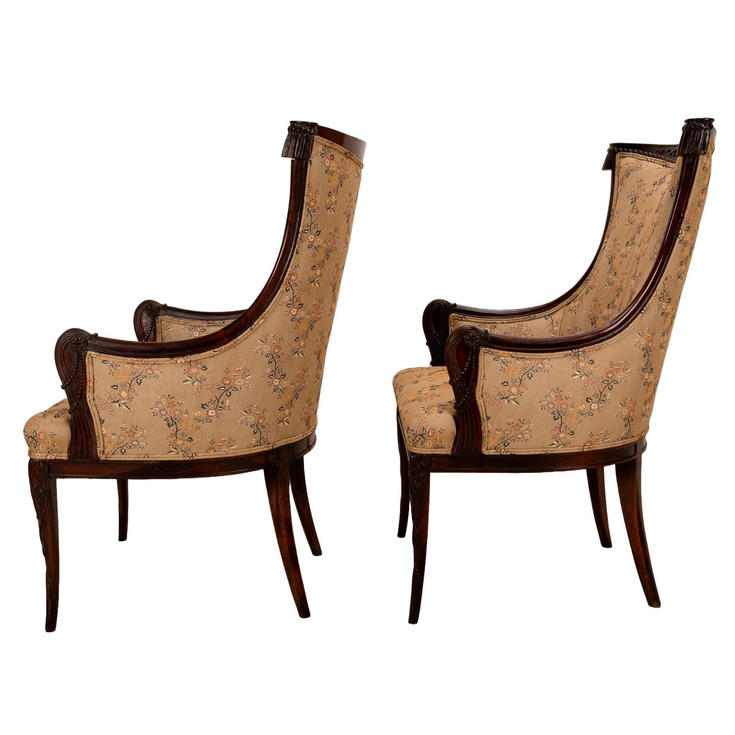 1940s Grosfeld House Carved Mahogany Tassel Back Dorothy Draper Style Bergere Chairs - A Pair Hollywood Regency Tassel Swag USA Ship Avail