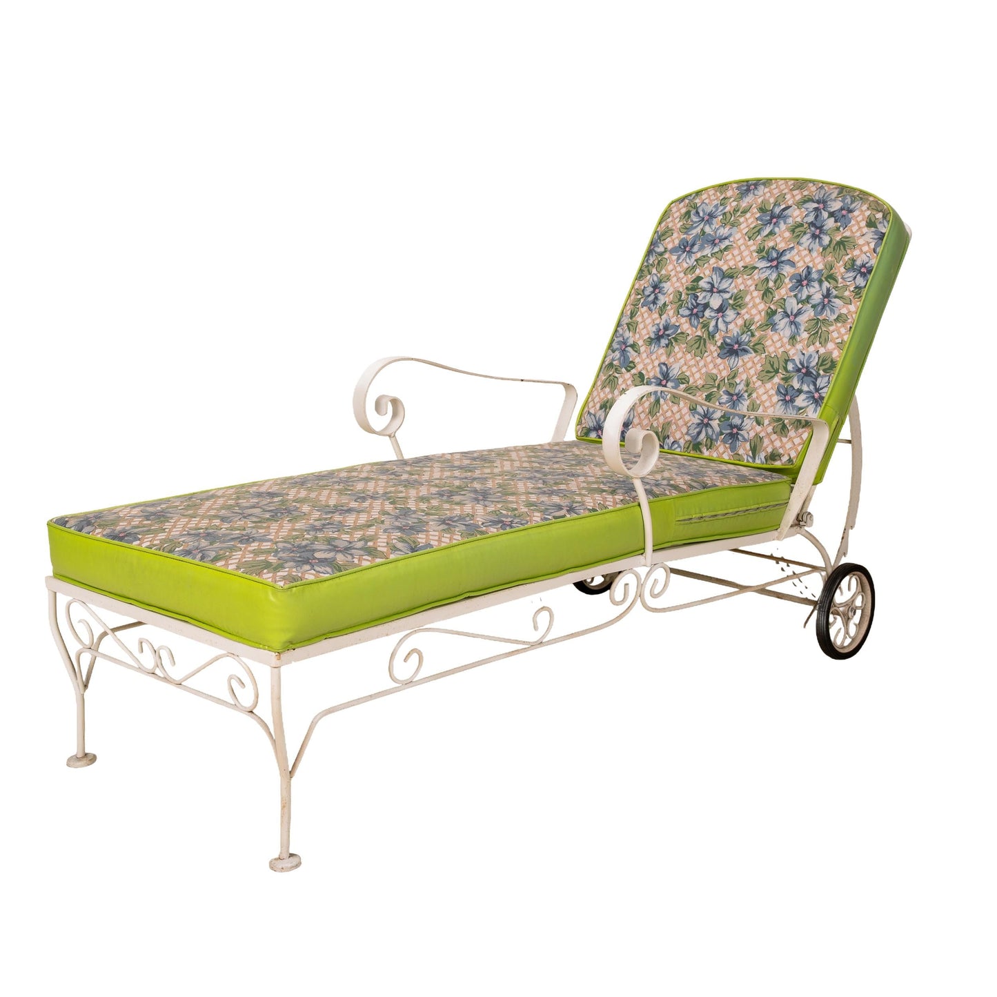 1960s Floral Wrought Iron Patio Chaise Lounge Chair Lounger , Vintage Mid Century Flair