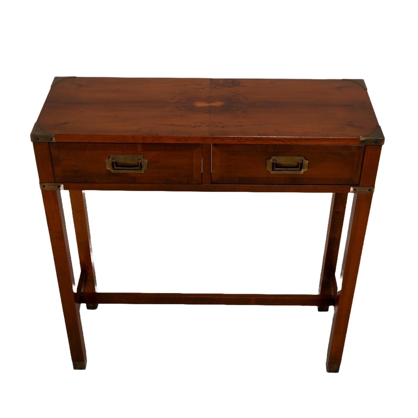 Vintage "Yew Tree" Campaign Style Console Table by Hekman , Hallway / Entry / Bedroom / Closet Table Unique Veneer Pattern Brass Hardware