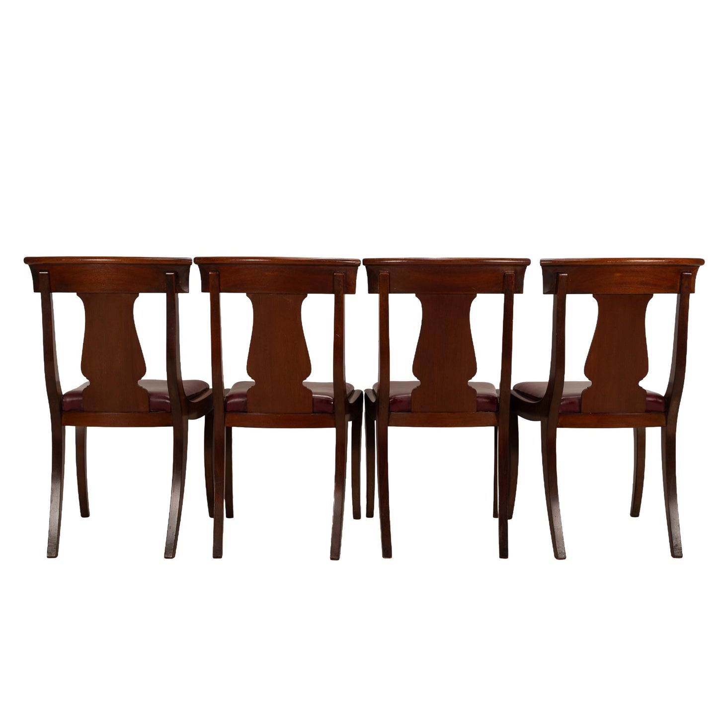 Antique 19th Century Flame Mahogany Gondola Dining Chairs with Saber Legs – Set of 4, Vintage Neoclassical Dining Seating