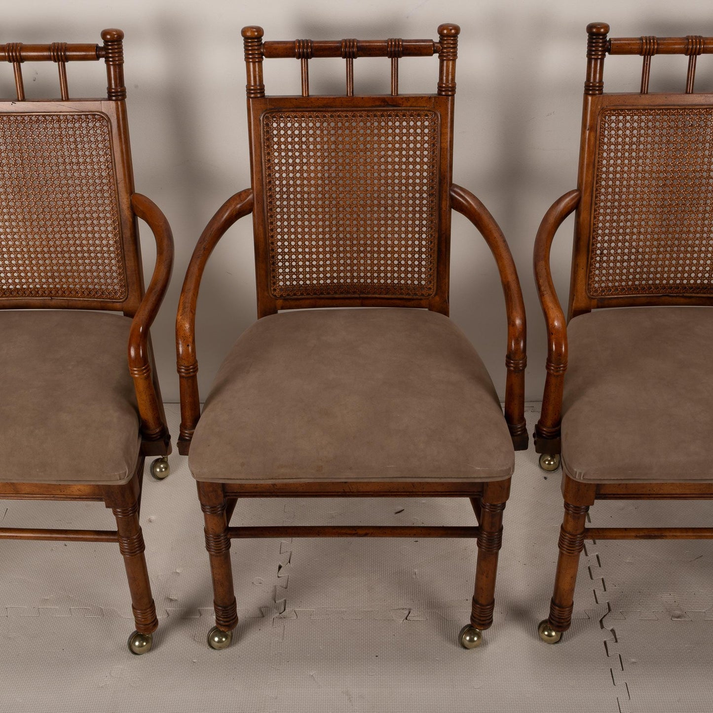 Vintage Stanley Furniture Co. Faux Bamboo Cane Back Rolling Arm Chairs - Set of 4 , Boho Tropical Beach Style, USA Shipping Available