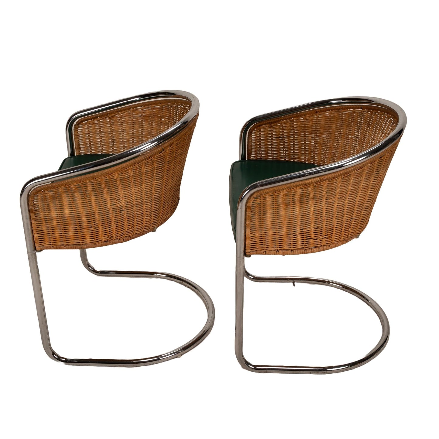 Harvey Probber Style Italian Cantilever Chrome and Wicker Dining Chairs - A Pair , Unique Pop Piece Tub Seats USA Shipping Available