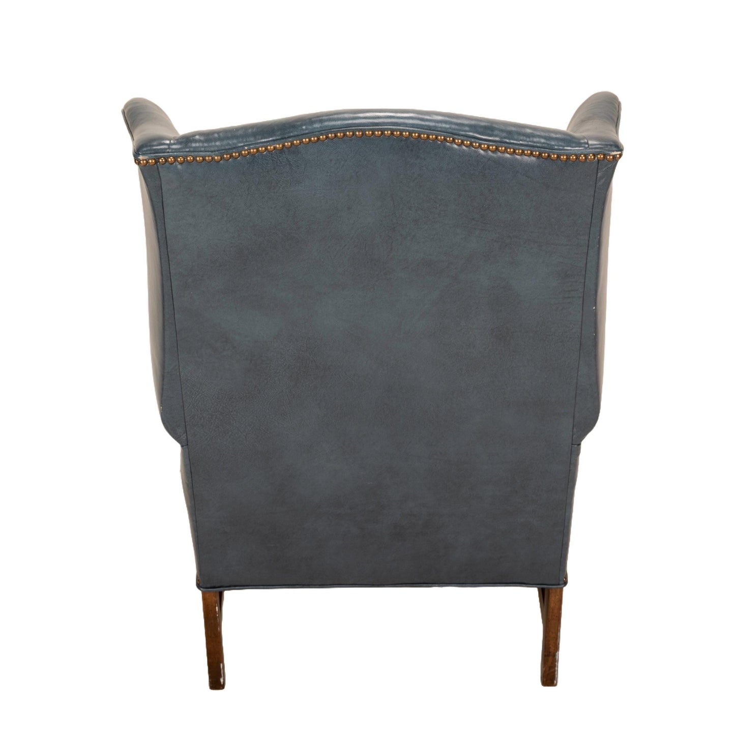 Ethan Allen Chippendale Wingback Chair & Ottoman – Blue 100% Leather Armchair – Brass Nailhead Studs – Vintage Library or Study Chair