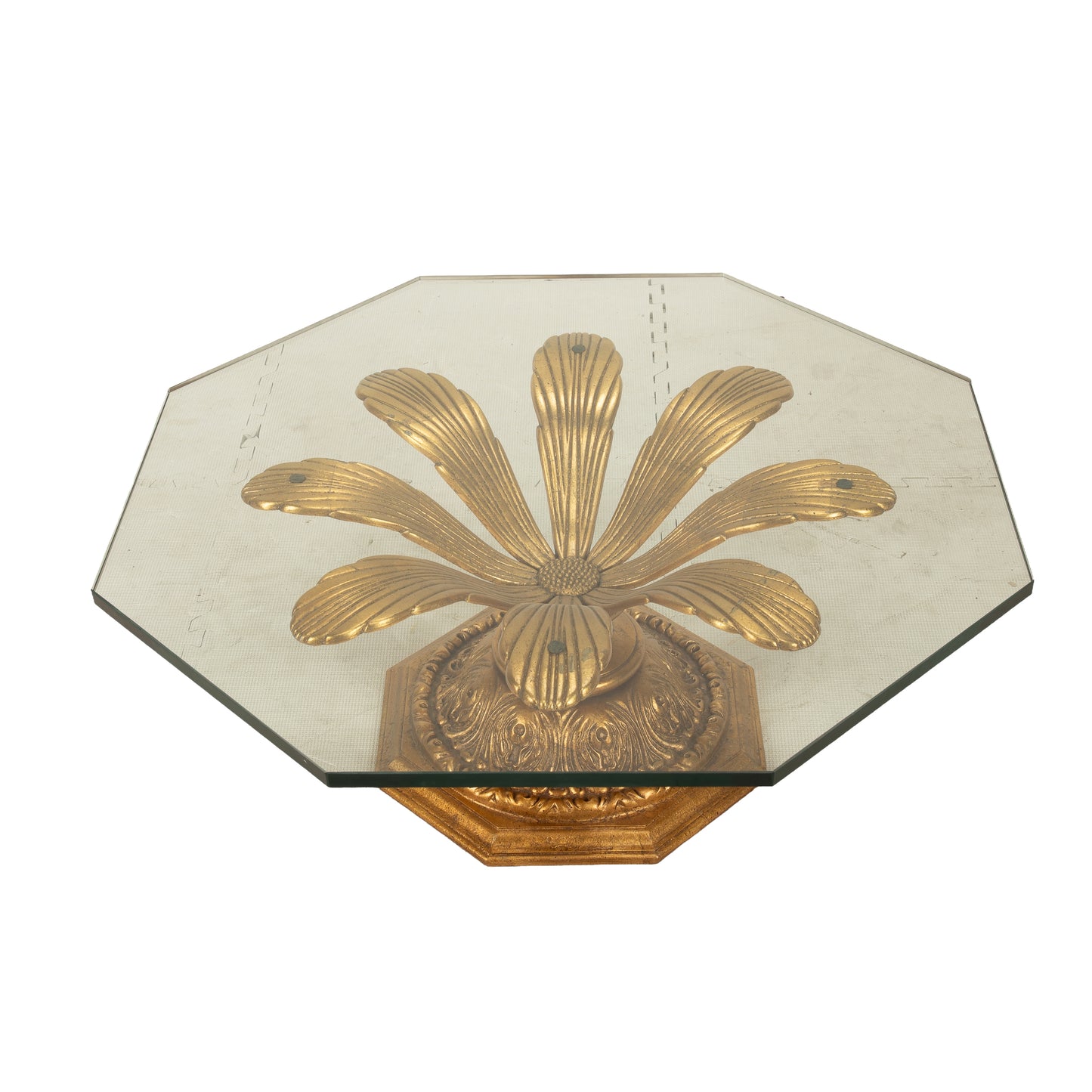 Hollywood Regency Gilded Metal Flower Petal Coffee Table Mid Century , Boho Pop Piece, Very Unique Table Pedestal Base, Thick Glass, MCM