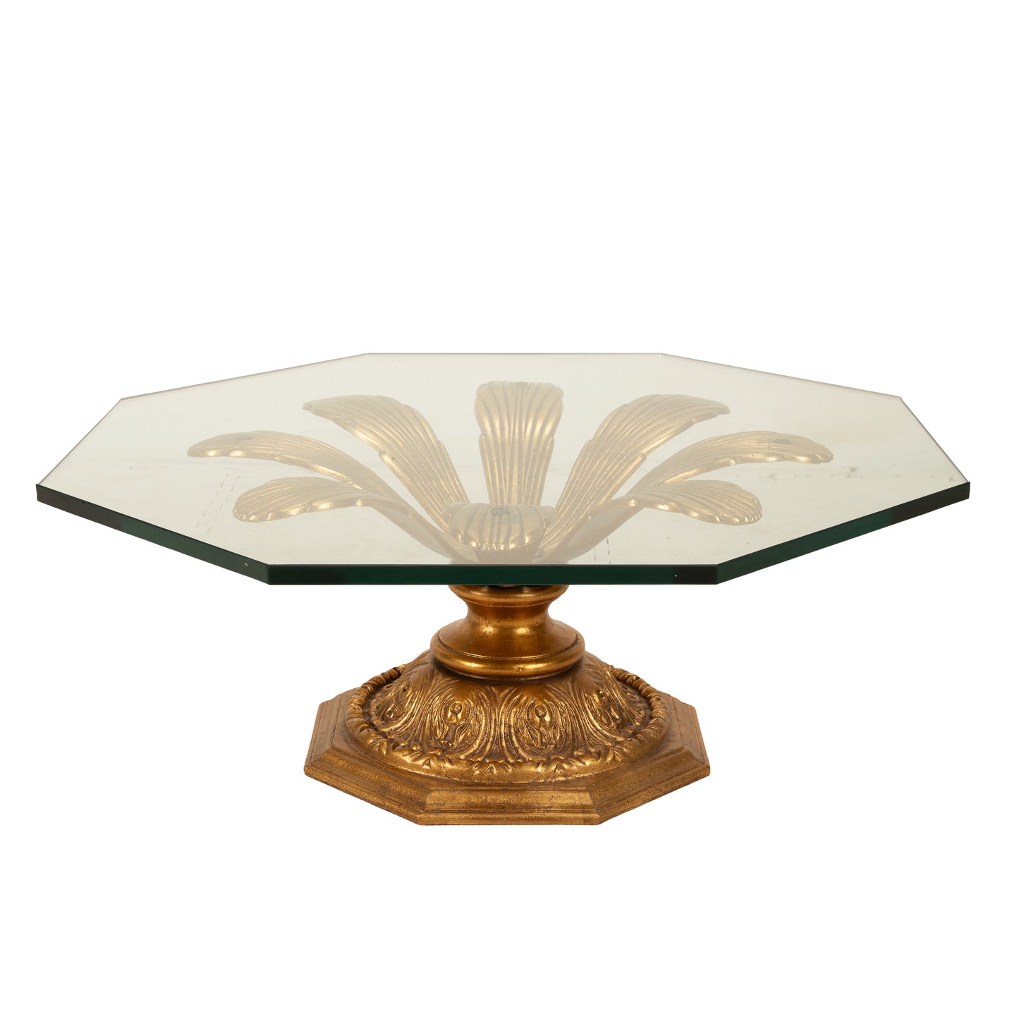 Hollywood Regency Gilded Metal Flower Petal Coffee Table Mid Century , Boho Pop Piece, Very Unique Table Pedestal Base, Thick Glass, MCM