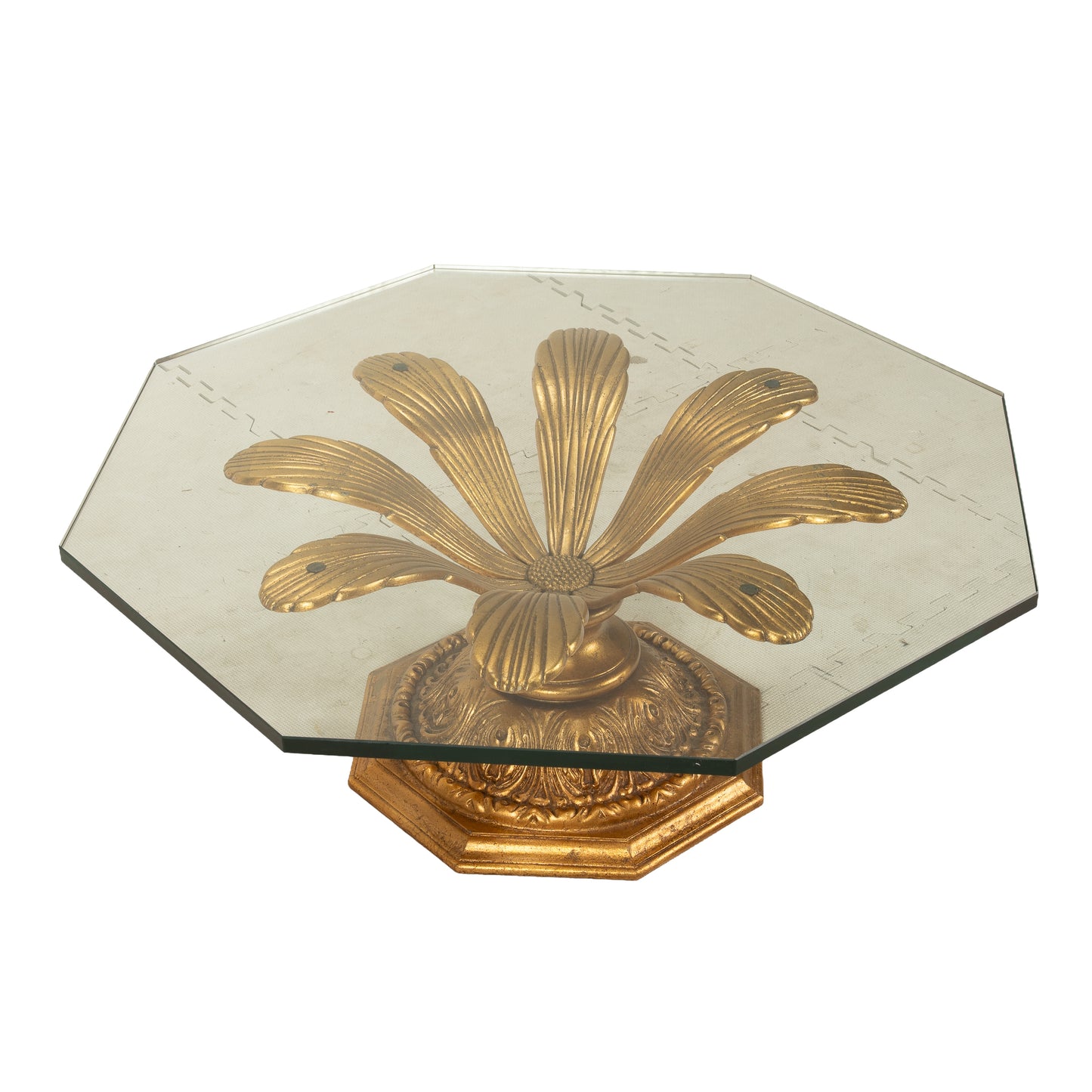 Hollywood Regency Gilded Metal Flower Petal Coffee Table Mid Century , Boho Pop Piece, Very Unique Table Pedestal Base, Thick Glass, MCM