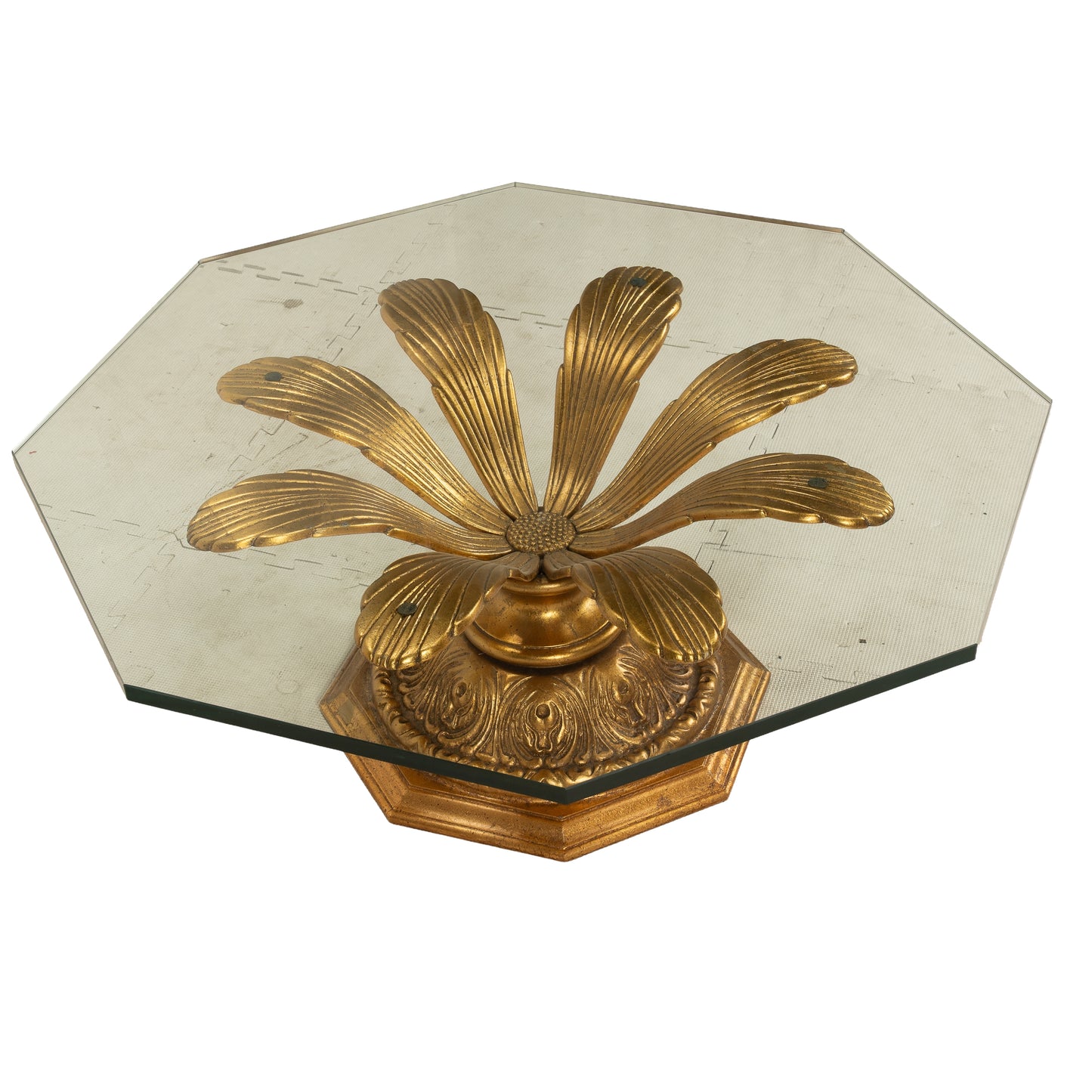 Hollywood Regency Gilded Metal Flower Petal Coffee Table Mid Century , Boho Pop Piece, Very Unique Table Pedestal Base, Thick Glass, MCM