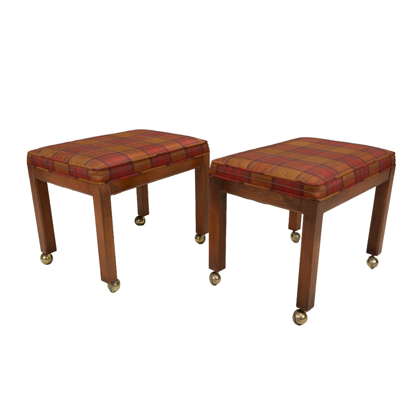 1960s Vintage Plaid Upholstered Rolling Stools Ottomans on Brass Casters | Mid Century Footstools Pair | Retro Accent Seating