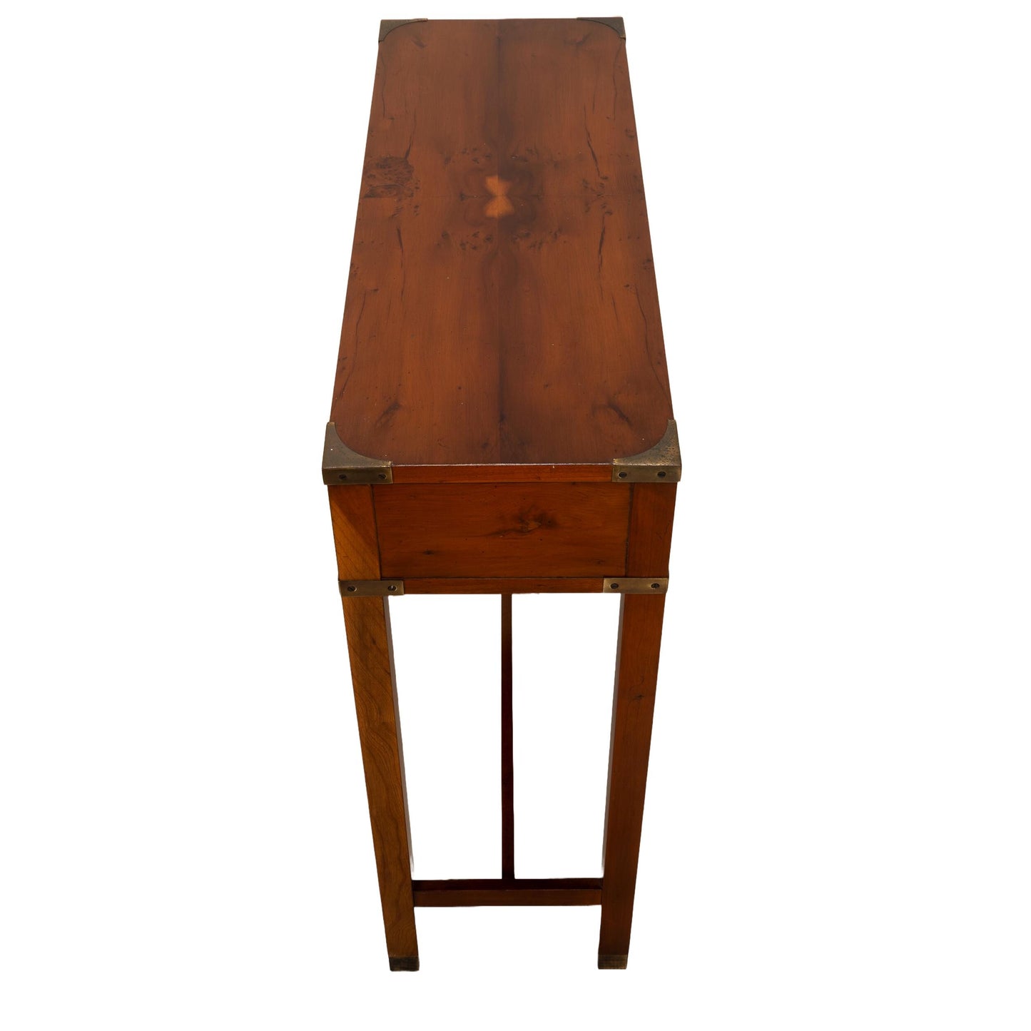 Vintage "Yew Tree" Campaign Style Console Table by Hekman , Hallway / Entry / Bedroom / Closet Table Unique Veneer Pattern Brass Hardware