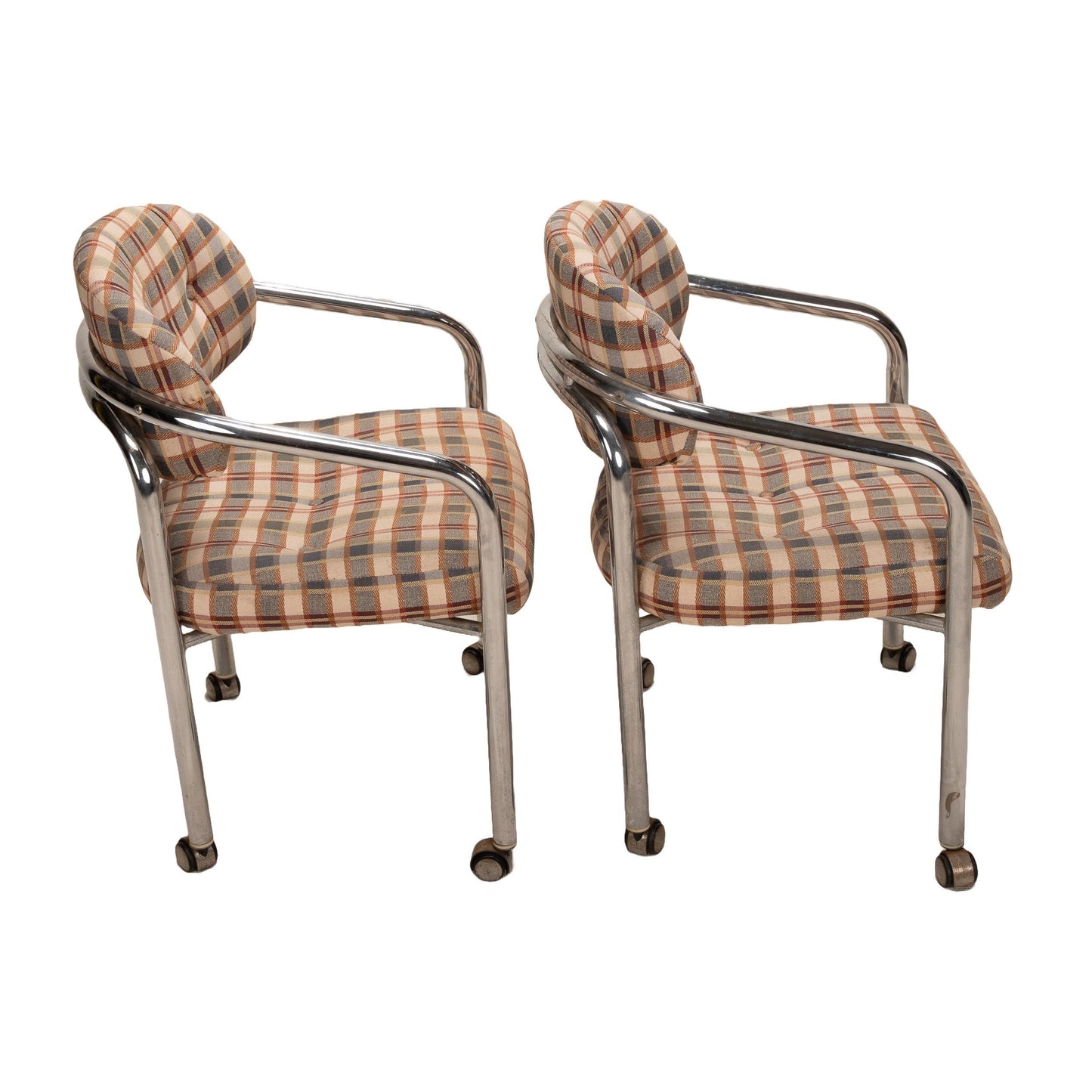 Pair of 1980s Chromcraft for Maas Brothers Postmodern Tubular Chrome Rolling Arm Chairs – Vintage Sculptural Office or Accent Seating