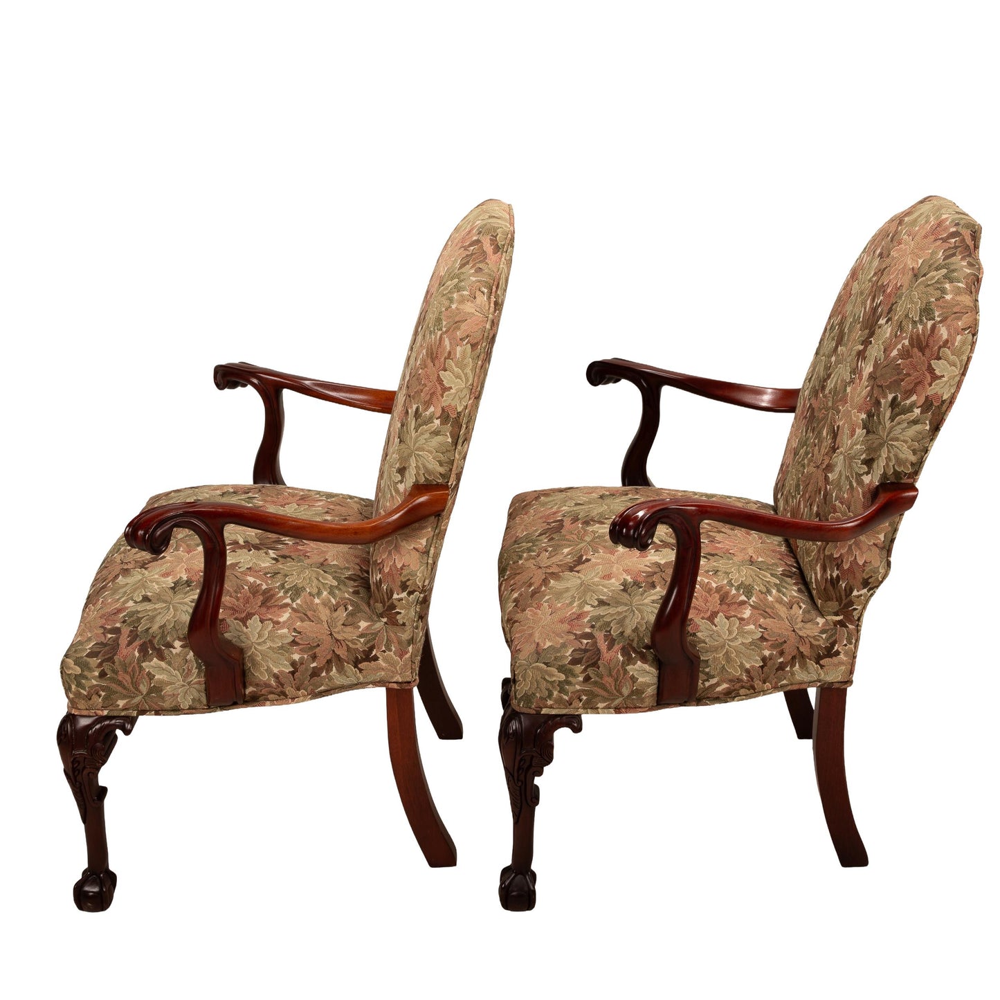 George II Revival Open Arm Floral Claw Footed Arm Chairs – Pair, Vintage Antique English Style Seating, Elegant Upholstered Chairs