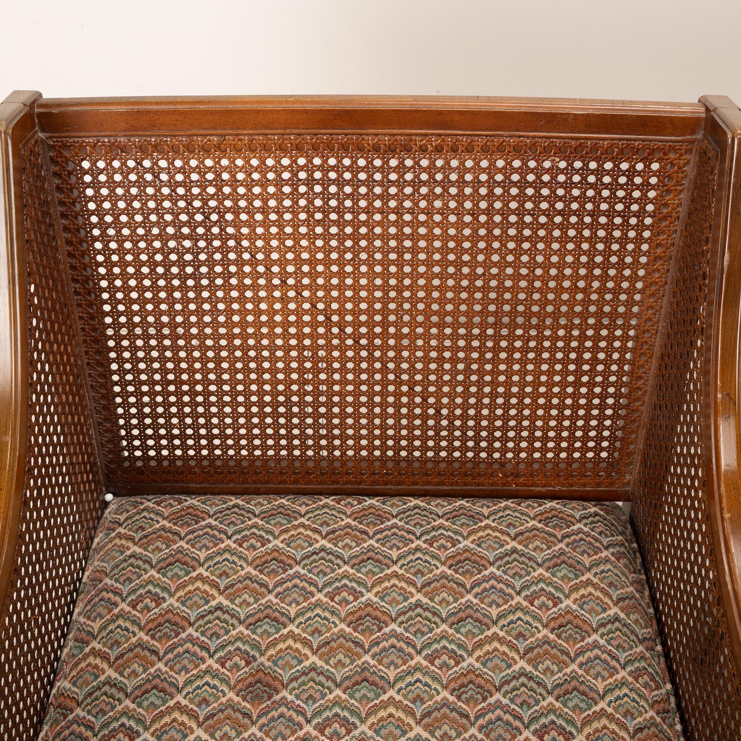 Pair of 1960s French Caned Bergère Chairs – Hollywood Regency Style with Flamestitch Upholstery, Vintage Armchairs Accent Seating