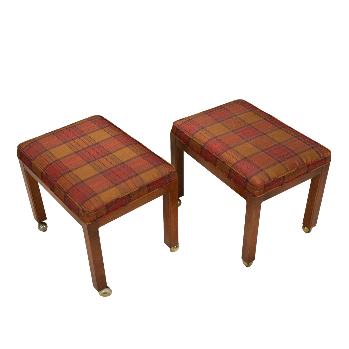 1960s Vintage Plaid Upholstered Rolling Stools Ottomans on Brass Casters | Mid Century Footstools Pair | Retro Accent Seating