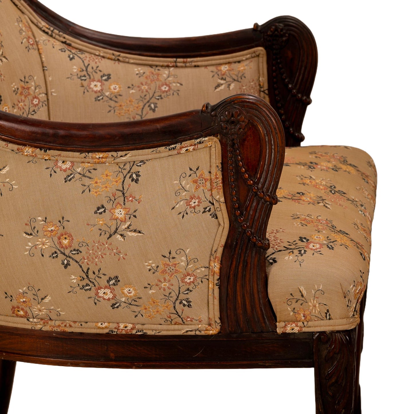 1940s Grosfeld House Carved Mahogany Tassel Back Dorothy Draper Style Bergere Chairs - A Pair Hollywood Regency Tassel Swag USA Ship Avail