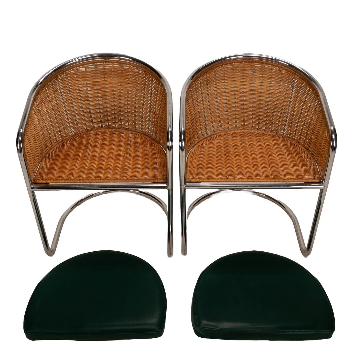 Harvey Probber Style Italian Cantilever Chrome and Wicker Dining Chairs - A Pair , Unique Pop Piece Tub Seats USA Shipping Available