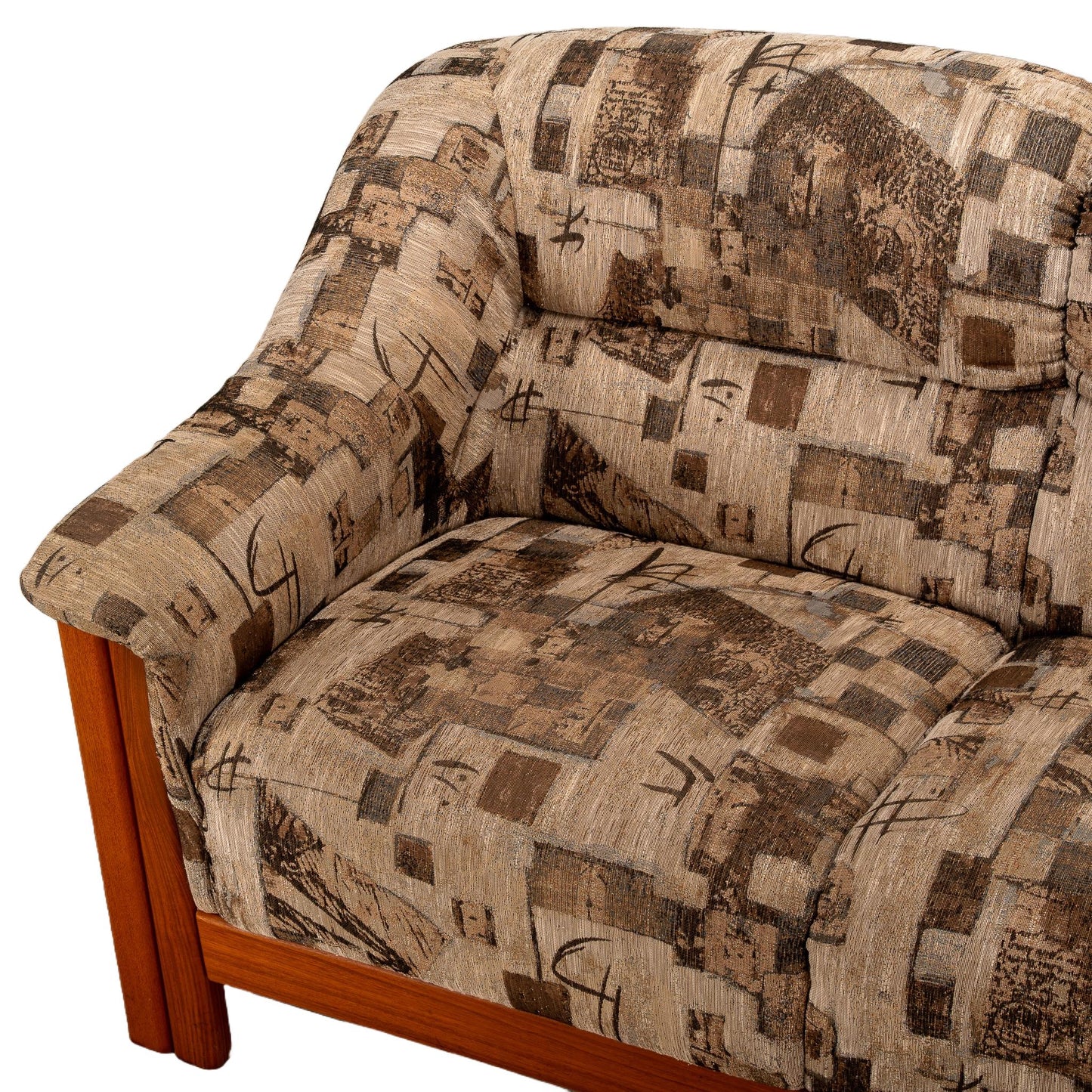 1980s Scandinavian Mid Century Modern Style Teak Upholstered Sofa Postmodern Print Fabric Statement Piece Unique Furniture