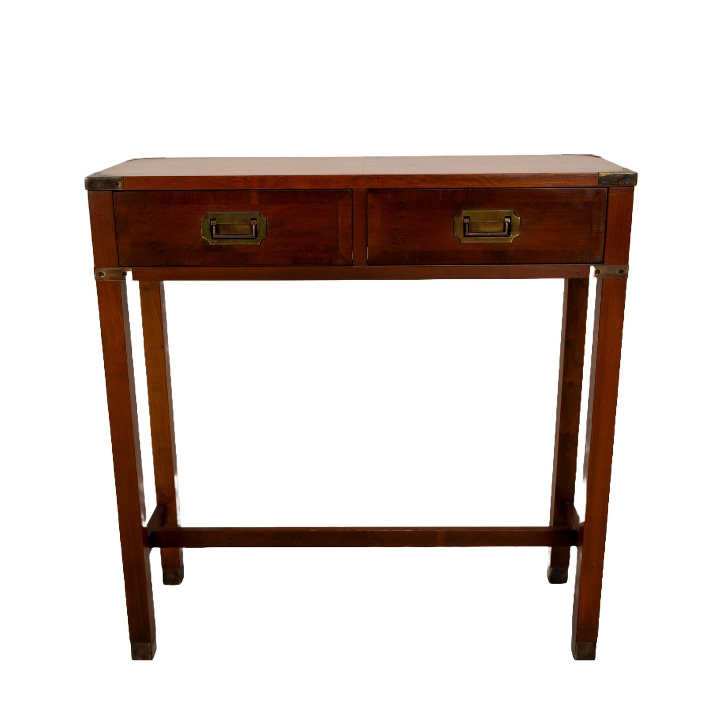 Vintage "Yew Tree" Campaign Style Console Table by Hekman , Hallway / Entry / Bedroom / Closet Table Unique Veneer Pattern Brass Hardware
