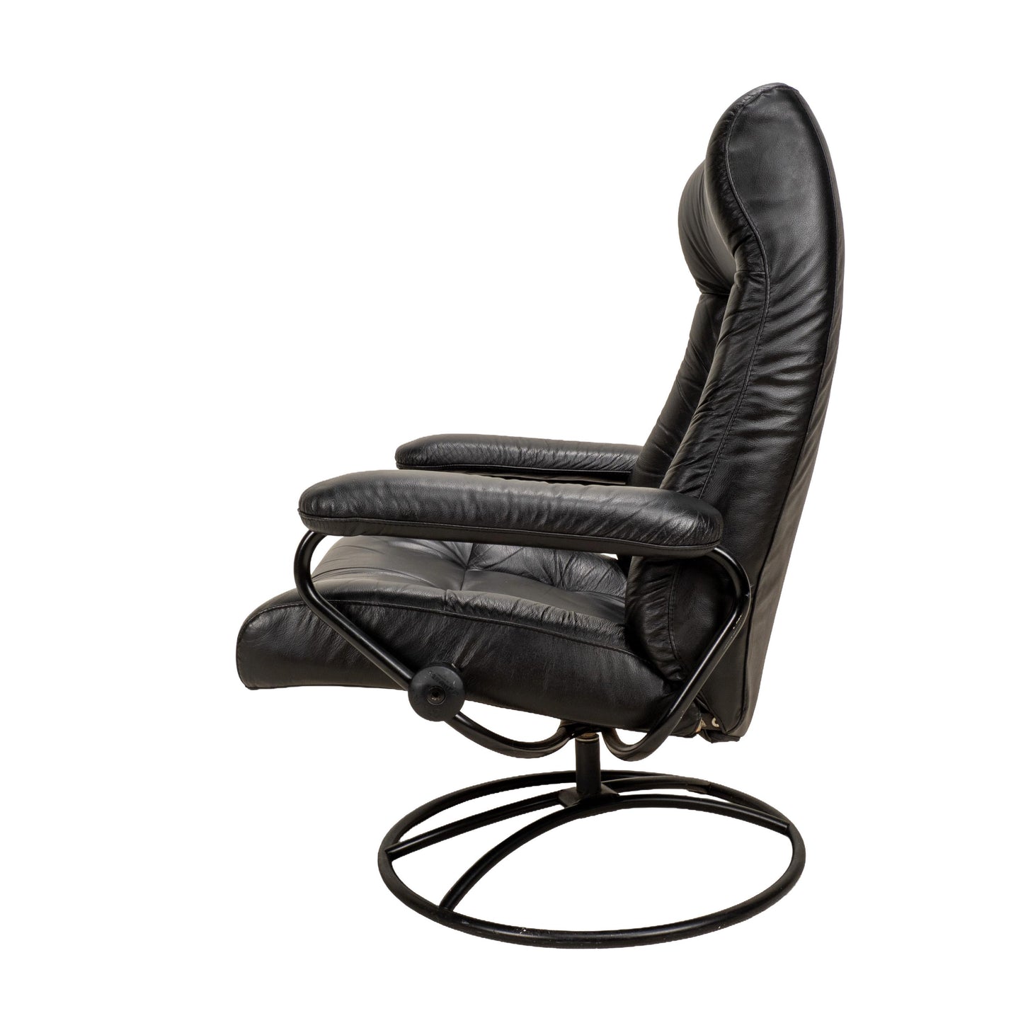 1980s Vintage Ekornes Stressless Black Leather Recliner & Ottoman Made in Norway