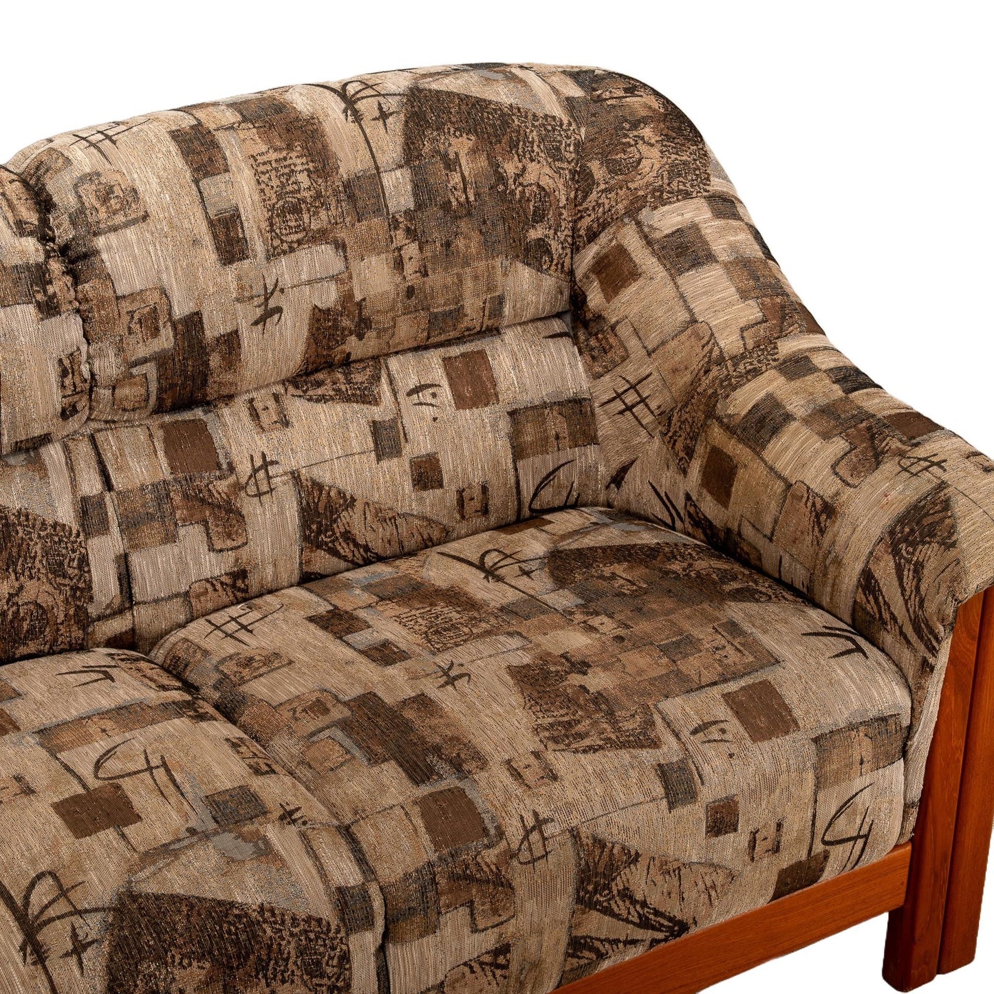 1980s Scandinavian Mid Century Modern Style Teak Upholstered Sofa Postmodern Print Fabric Statement Piece Unique Furniture