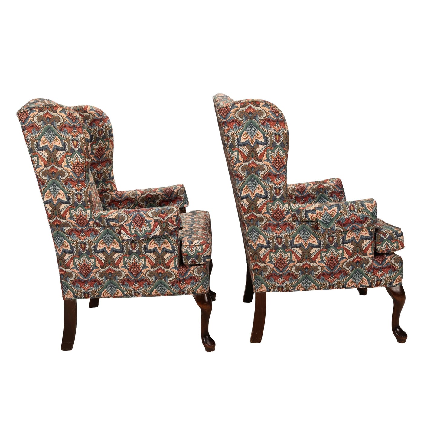 1970s Queen Anne Chippendale Wingback Chairs | Paisley Print Armchair Pair | Vintage Accent Seating Traditional Style USA Shipping Available