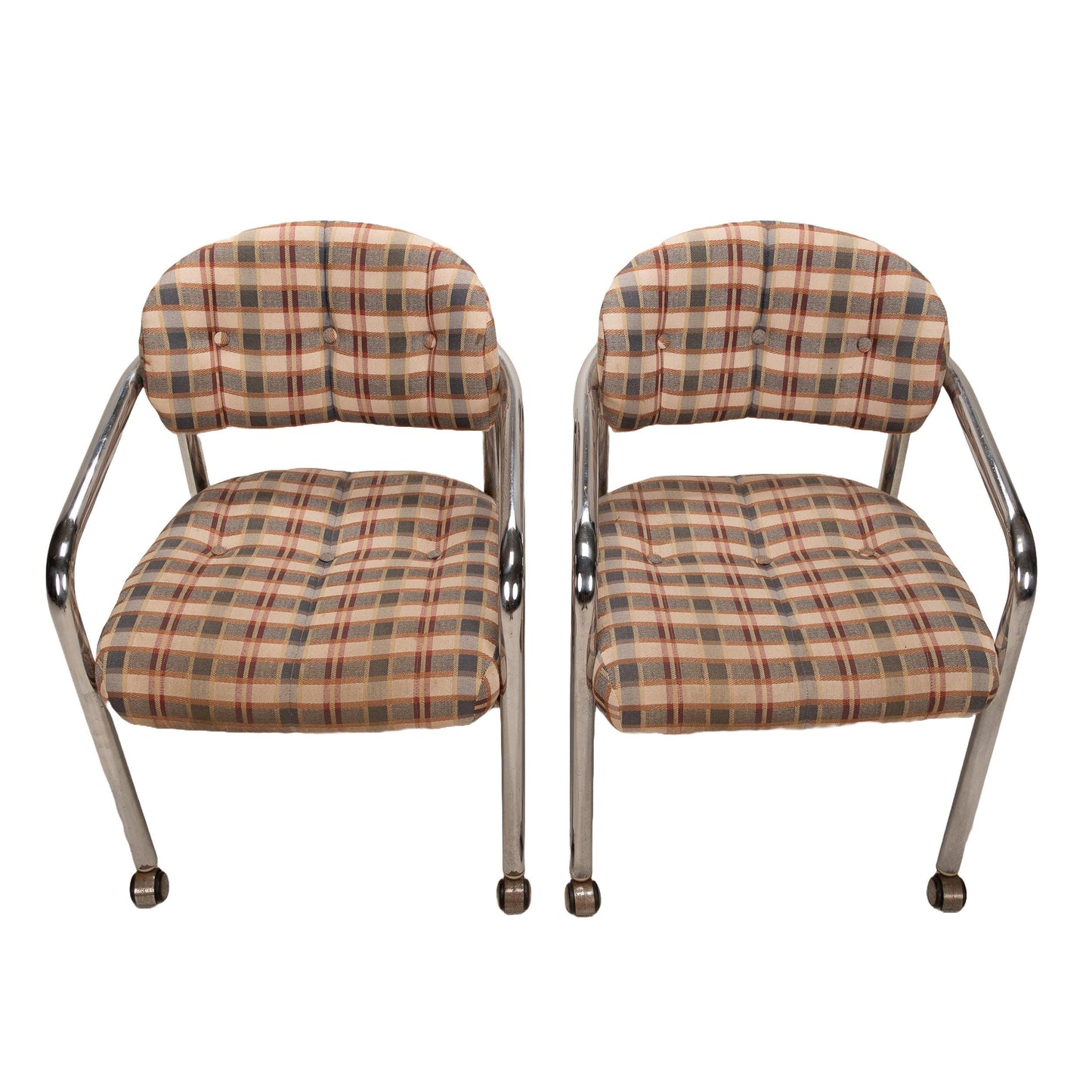 Pair of 1980s Chromcraft for Maas Brothers Postmodern Tubular Chrome Rolling Arm Chairs – Vintage Sculptural Office or Accent Seating