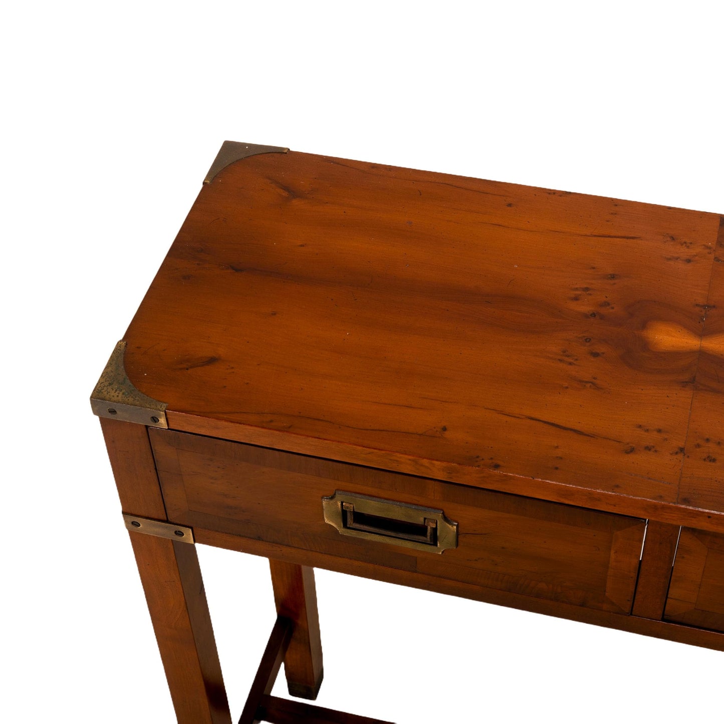 Vintage "Yew Tree" Campaign Style Console Table by Hekman , Hallway / Entry / Bedroom / Closet Table Unique Veneer Pattern Brass Hardware
