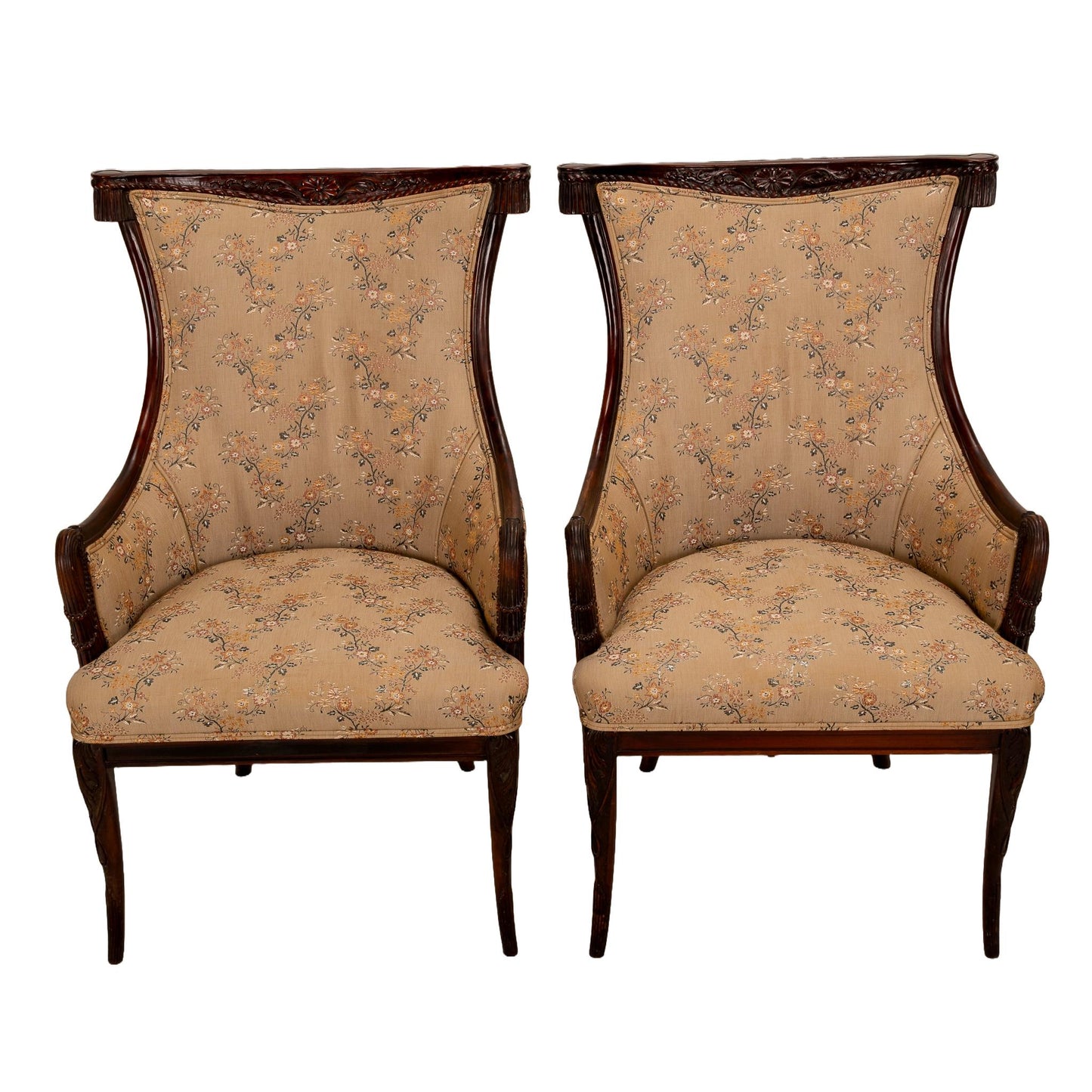 1940s Grosfeld House Carved Mahogany Tassel Back Dorothy Draper Style Bergere Chairs - A Pair Hollywood Regency Tassel Swag USA Ship Avail