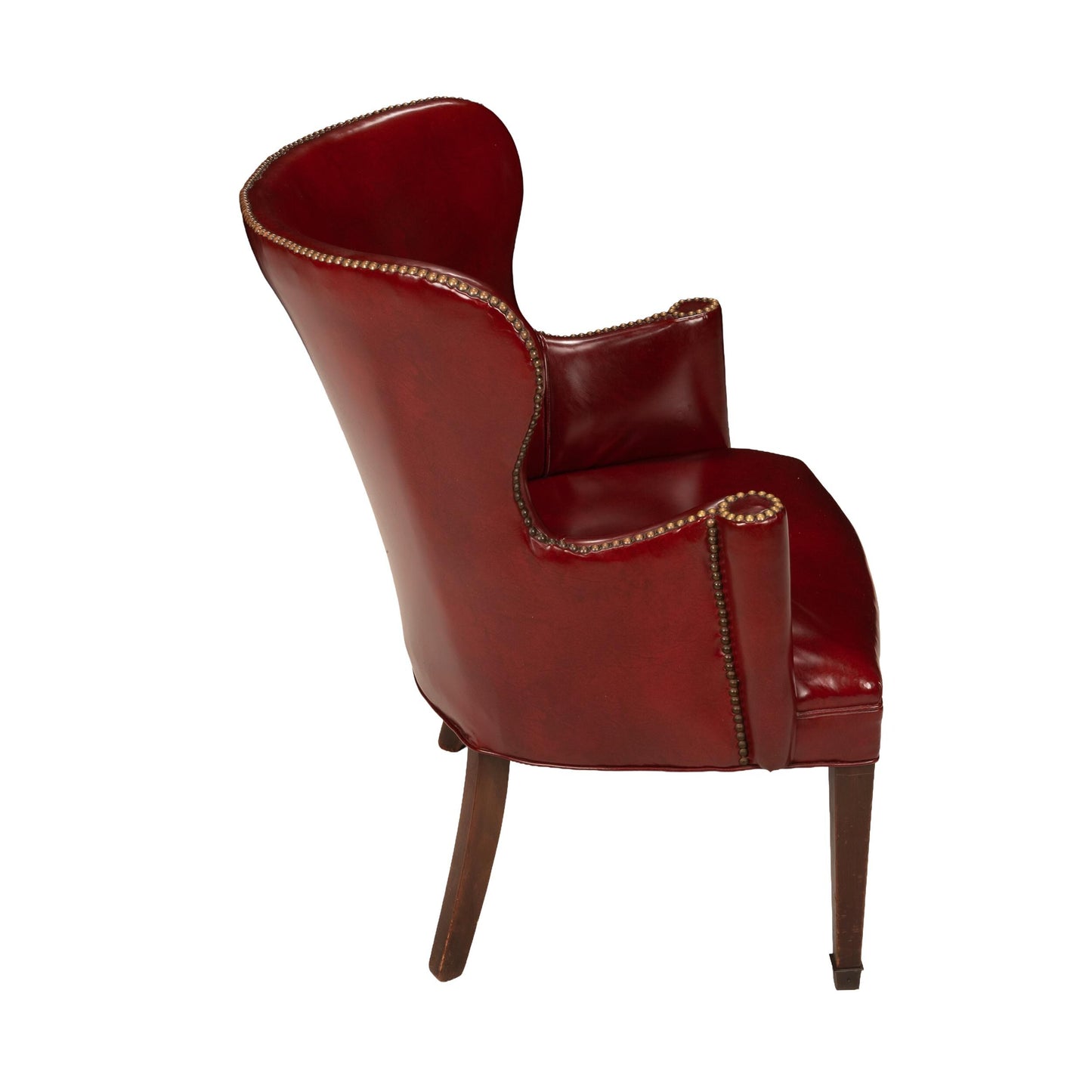 1950s Burgundy Red Vinyl Wingback Club Chair | Studded Library Lounge Armchair | Mid Century Accent Seating