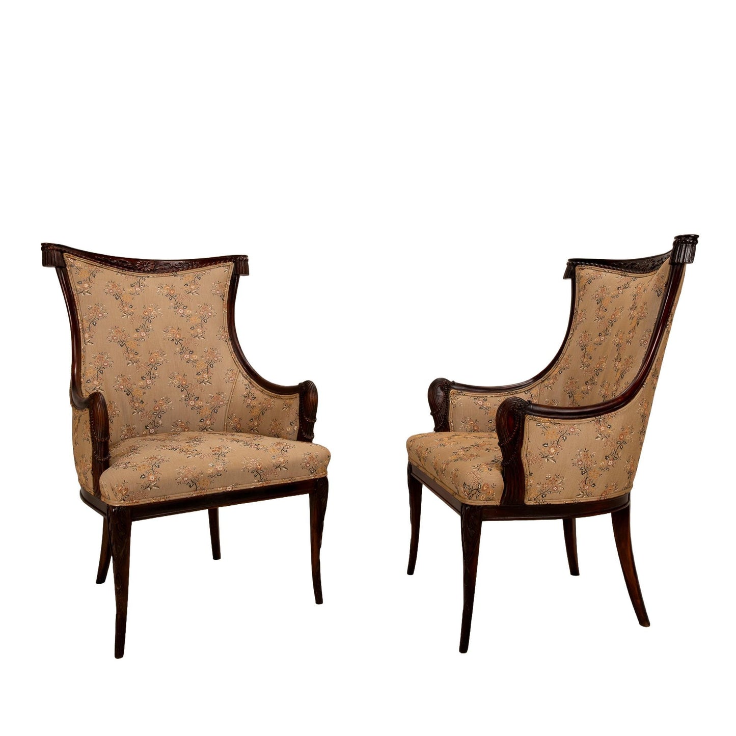 1940s Grosfeld House Carved Mahogany Tassel Back Dorothy Draper Style Bergere Chairs - A Pair Hollywood Regency Tassel Swag USA Ship Avail