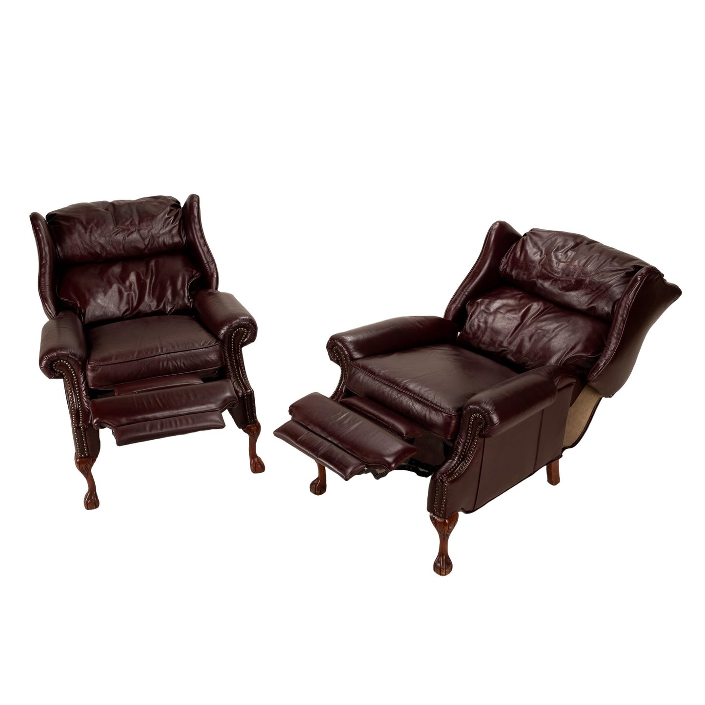 Vintage Barcalounger Recliner Chairs – Burgundy Leather Wingback Pair W/ Nailhead Trim, Traditional Club Style, Comfortable Seating USA Made