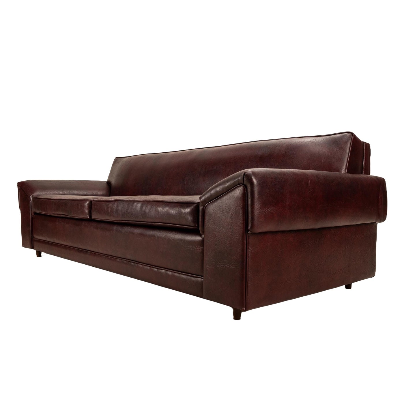1960s Mid Century Modern Castro Convertible Naugahyde Long Sofa in Dark Burgundy , MCM Retro Mod Lowrider Couch USA Shipping Available
