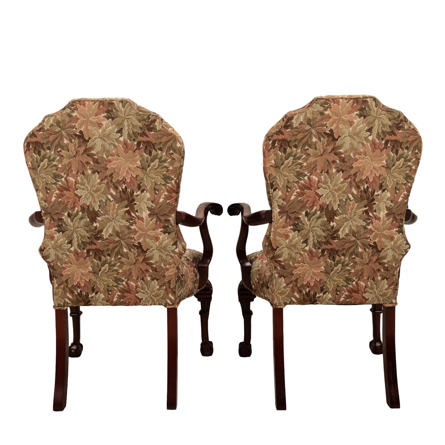 George II Revival Open Arm Floral Claw Footed Arm Chairs – Pair, Vintage Antique English Style Seating, Elegant Upholstered Chairs