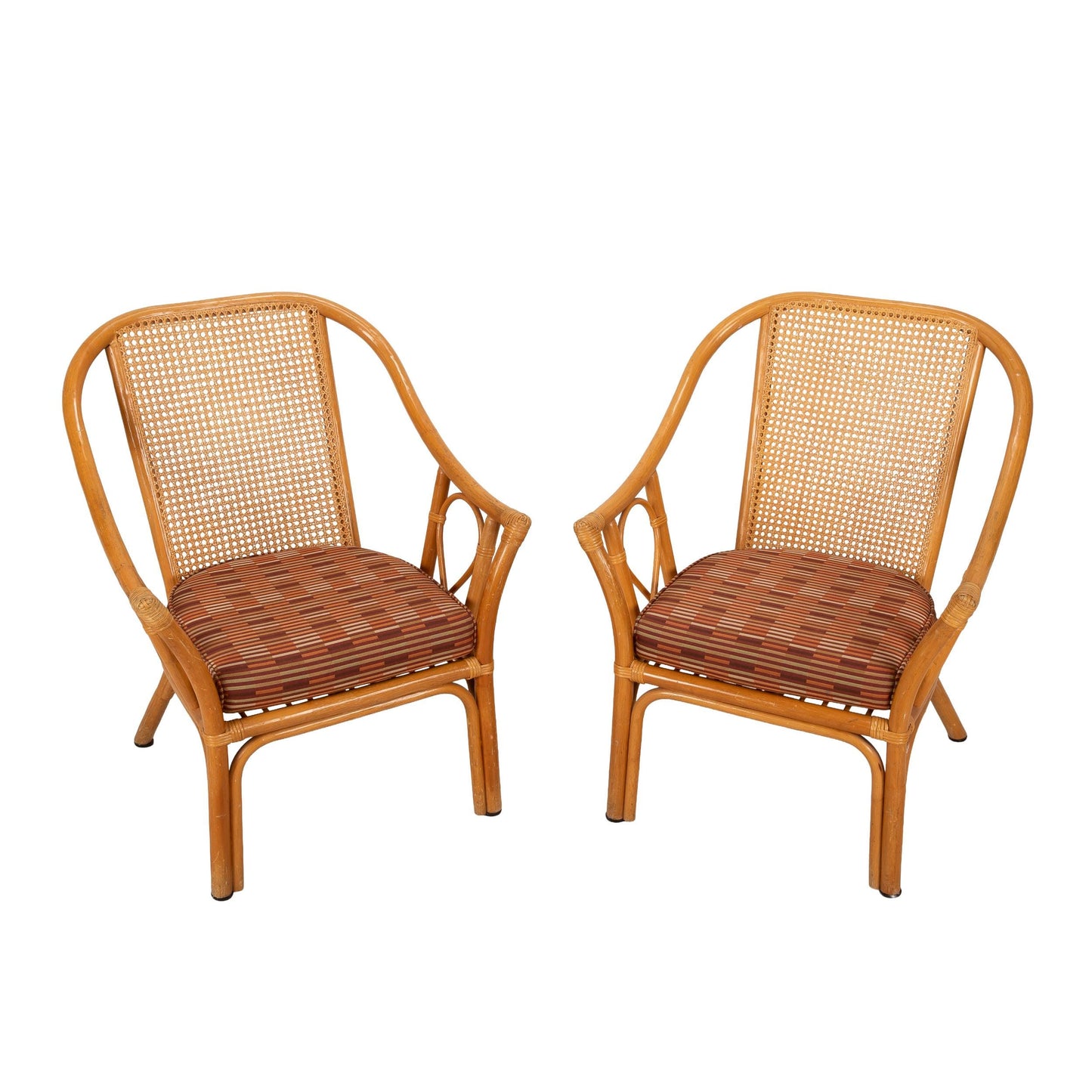 Mid Century Cane and Bamboo Coastal Side Chairs W/ Cushions & Caned Backs - A Pair, Tropical Palm Beach Style Decor