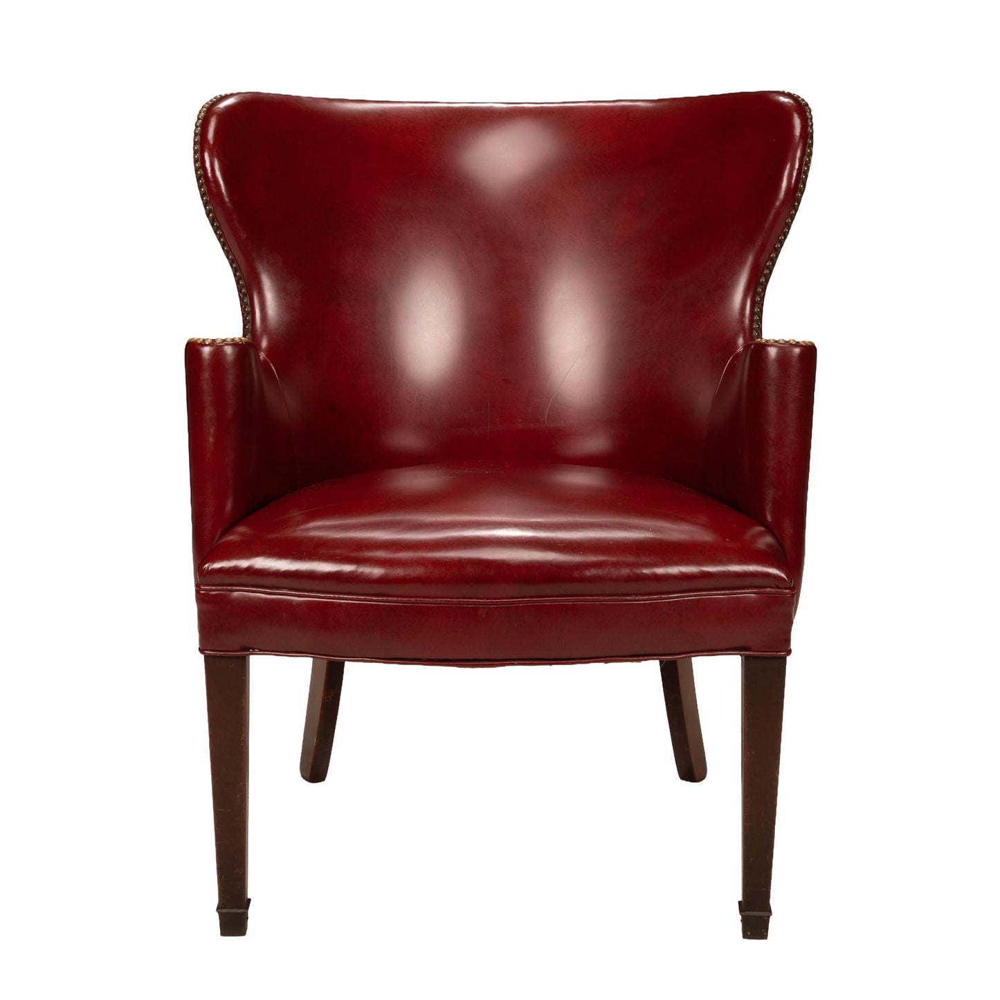 1950s Burgundy Red Vinyl Wingback Club Chair | Studded Library Lounge Armchair | Mid Century Accent Seating