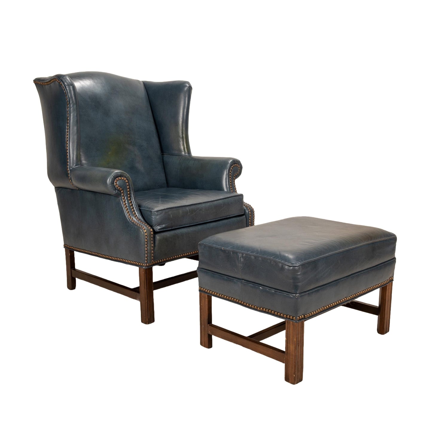 Ethan Allen Chippendale Wingback Chair & Ottoman – Blue 100% Leather Armchair – Brass Nailhead Studs – Vintage Library or Study Chair