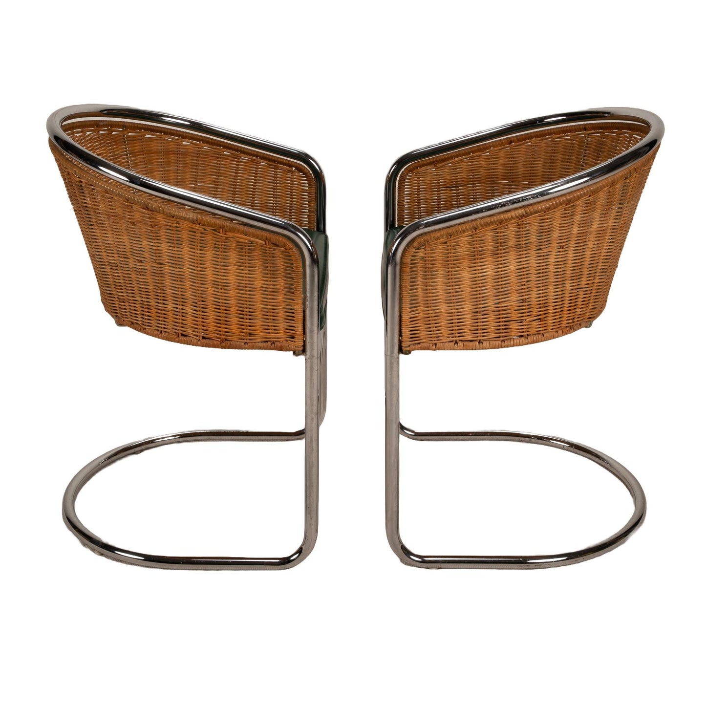Harvey Probber Style Italian Cantilever Chrome and Wicker Dining Chairs - A Pair , Unique Pop Piece Tub Seats USA Shipping Available