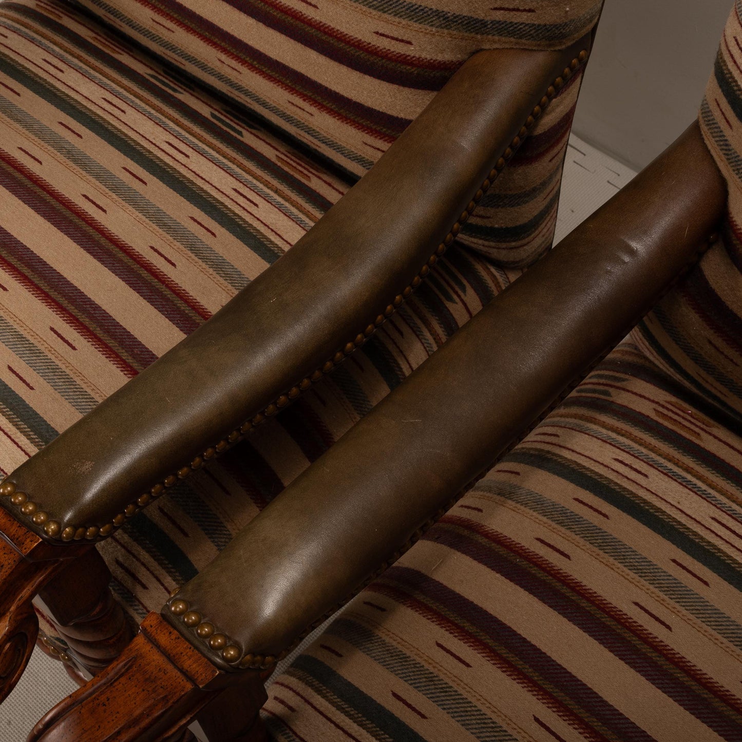 Hancock & Moore Louis XIII French Style Barley Twist Throne Armchairs W/ Southwestern Wool Geometric Fabric