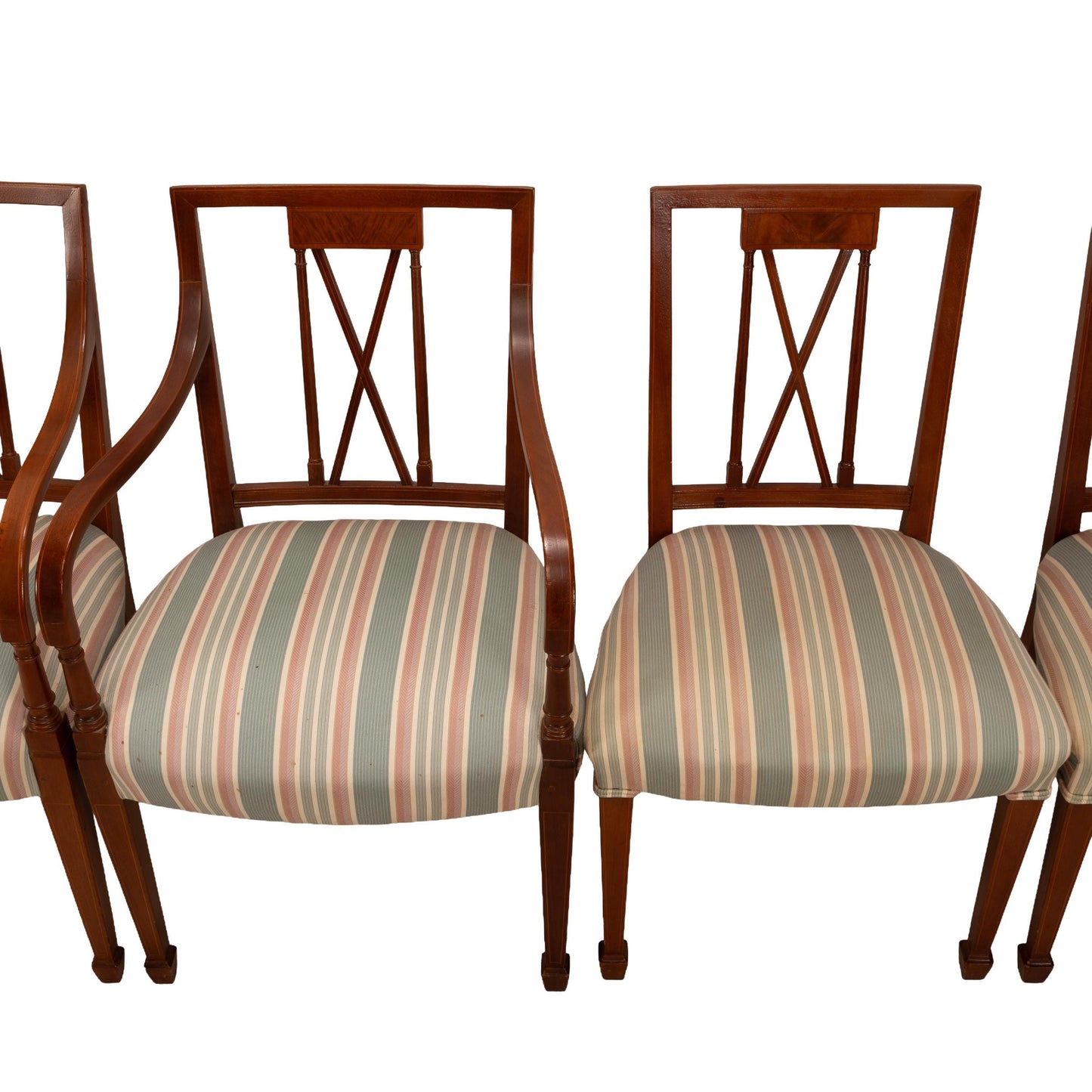 Flame Mahogany Regency Style Dining Chairs – Sculpted Arms & Inlaid X-Backs - Set of 8