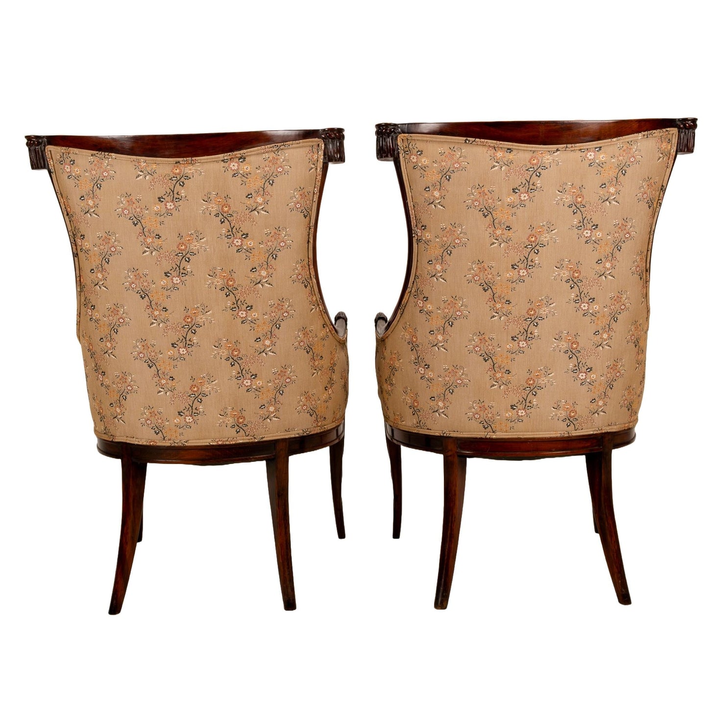1940s Grosfeld House Carved Mahogany Tassel Back Dorothy Draper Style Bergere Chairs - A Pair Hollywood Regency Tassel Swag USA Ship Avail