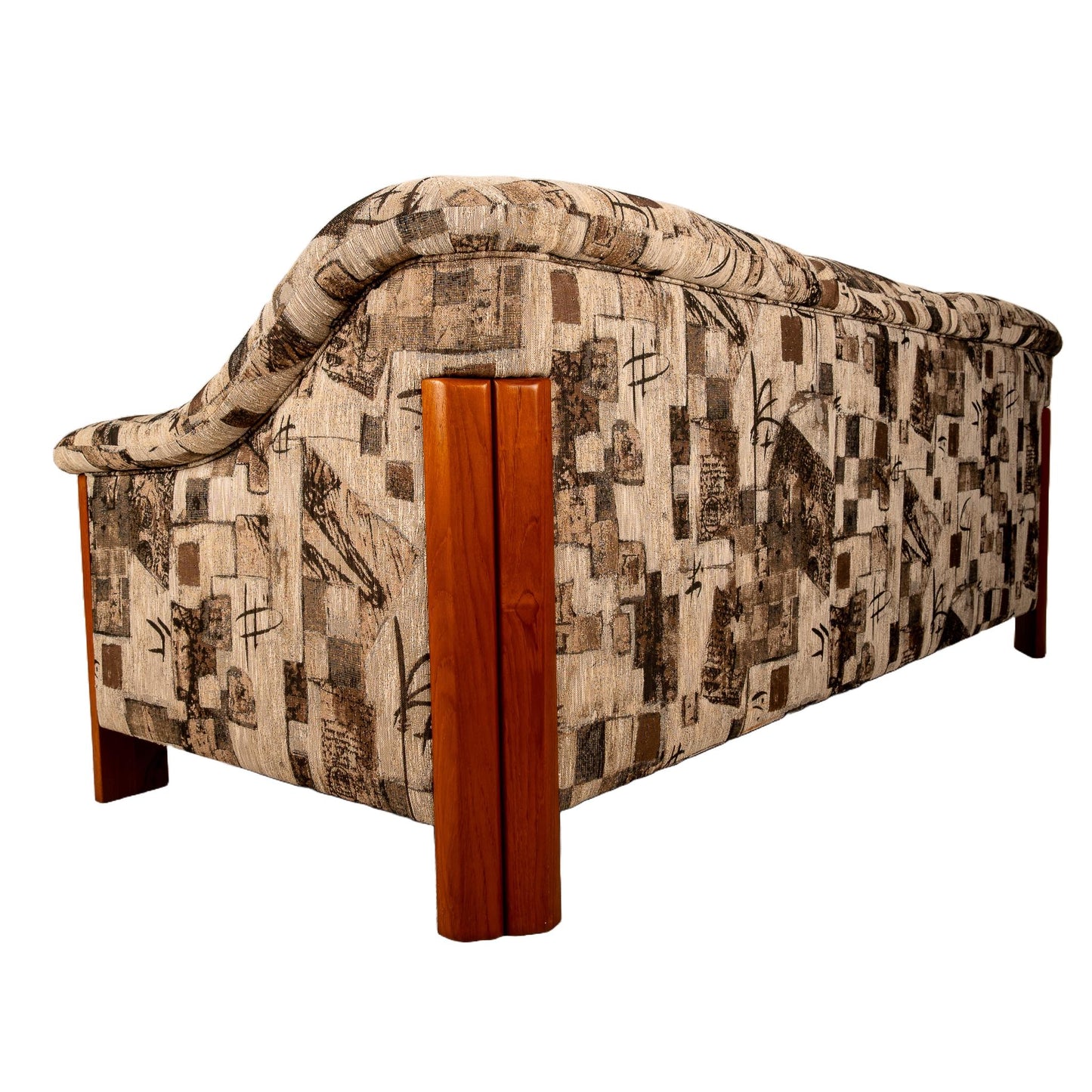 1980s Scandinavian Mid Century Modern Style Teak Upholstered Sofa Postmodern Print Fabric Statement Piece Unique Furniture