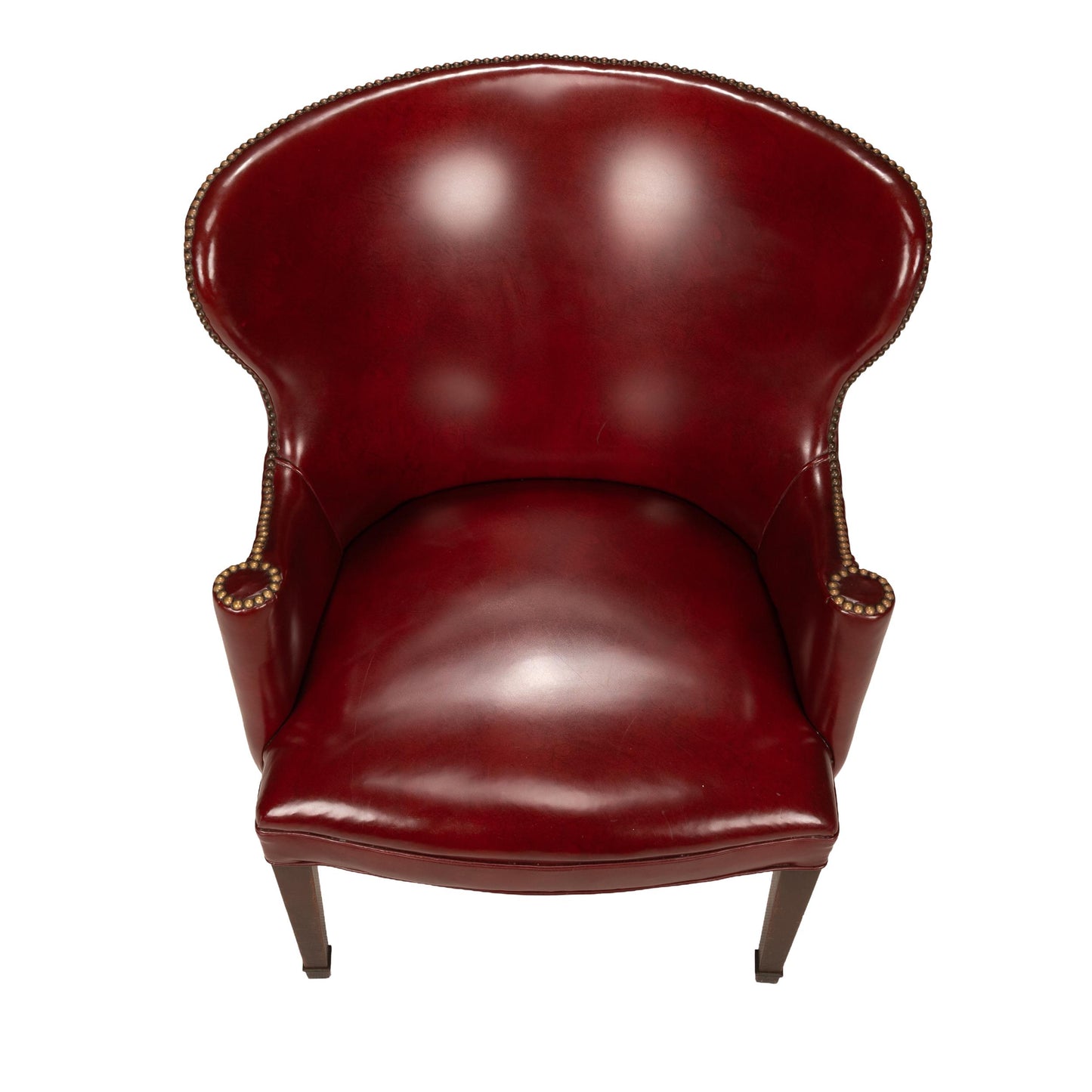 1950s Burgundy Red Vinyl Wingback Club Chair | Studded Library Lounge Armchair | Mid Century Accent Seating