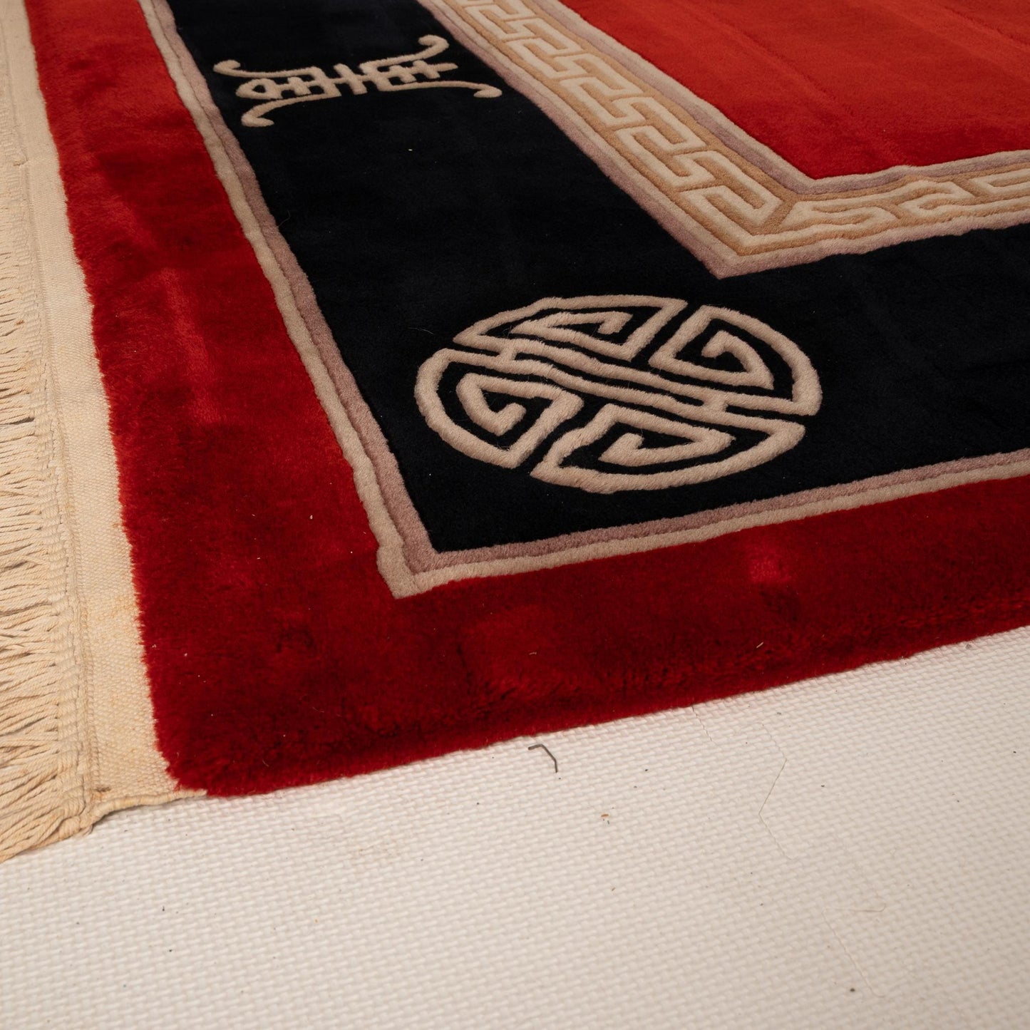 Vintage Chinese Art Deco Aubusson Rug 8.5x11.5' Red & Black Asian Style 100% Wool Hand Made Shou Symbol Thick Pile Carpet, A Beauty!