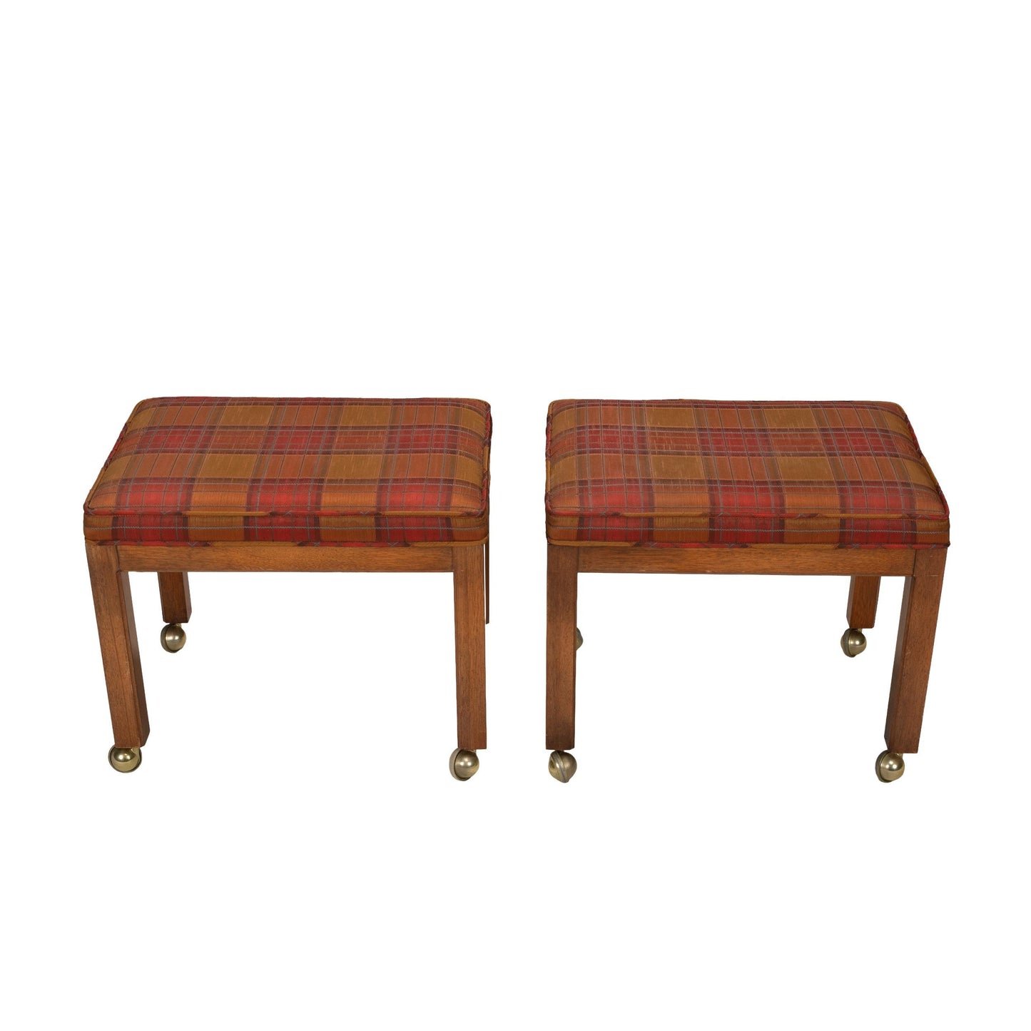 1960s Vintage Plaid Upholstered Rolling Stools Ottomans on Brass Casters | Mid Century Footstools Pair | Retro Accent Seating